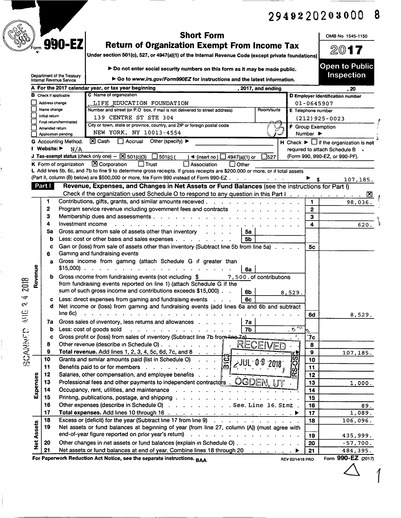 Image of first page of 2017 Form 990EZ for Life Education Foundation