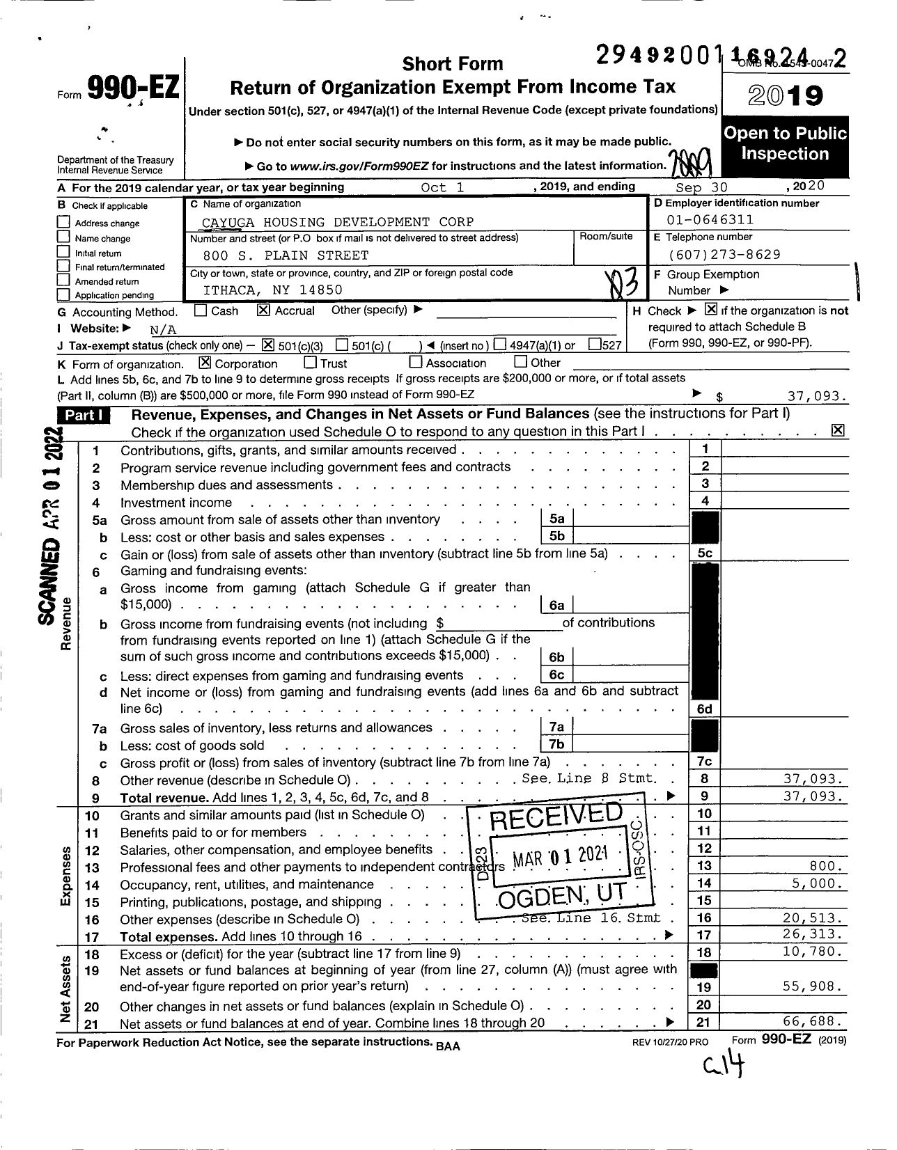 Image of first page of 2019 Form 990EZ for Cayuga Housing Development Corporation