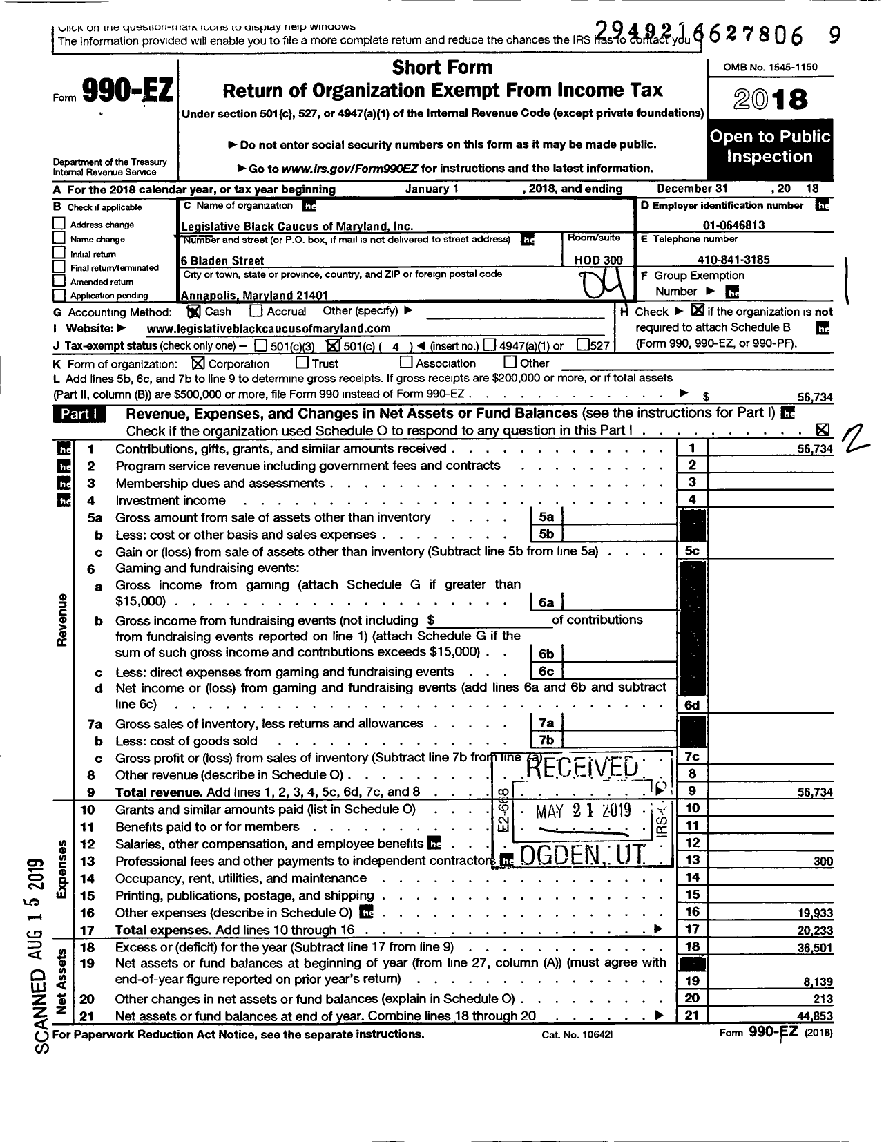 Image of first page of 2018 Form 990EO for Legislative Black Caucus of Maryland