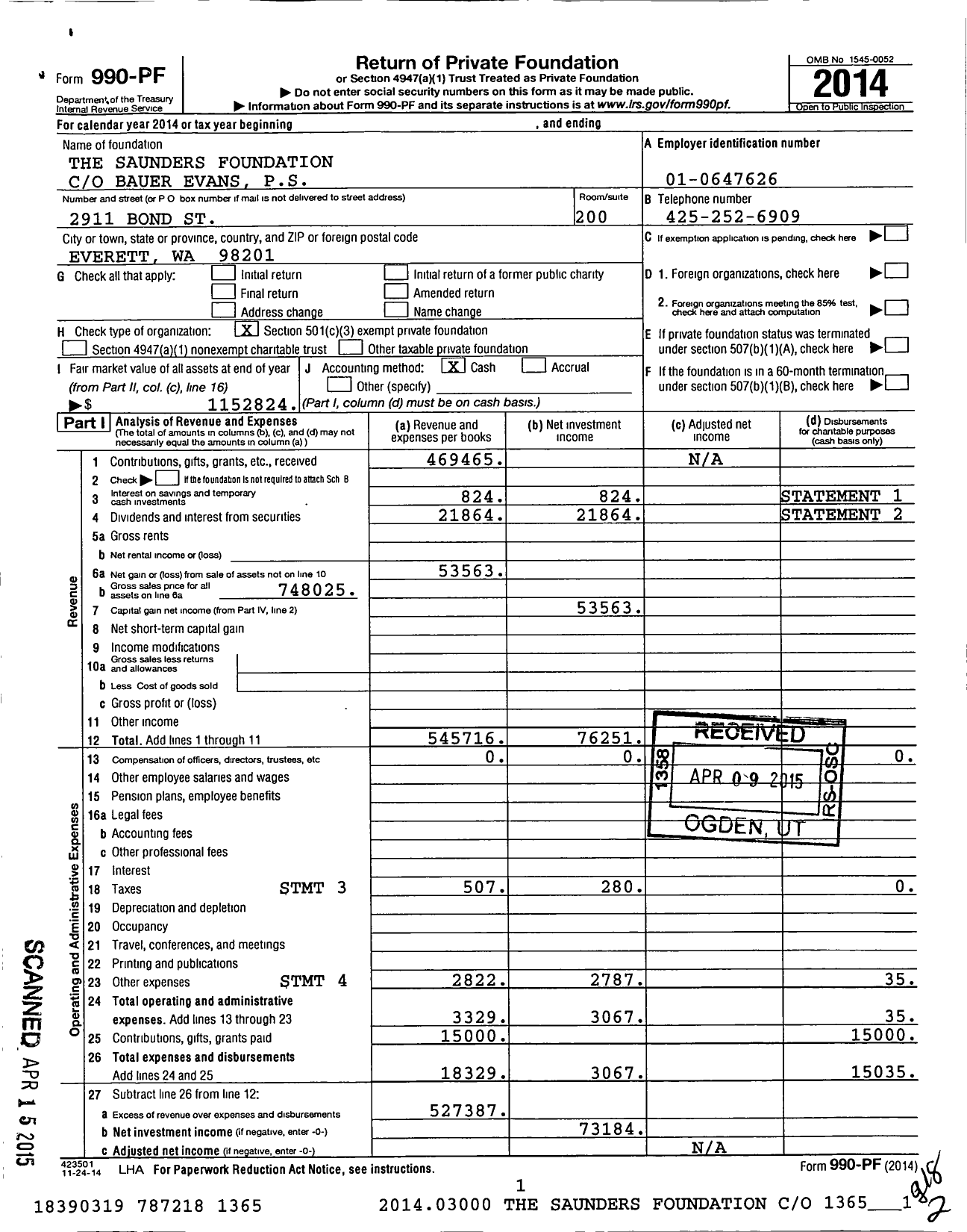 Image of first page of 2014 Form 990PF for Saunders Foundation