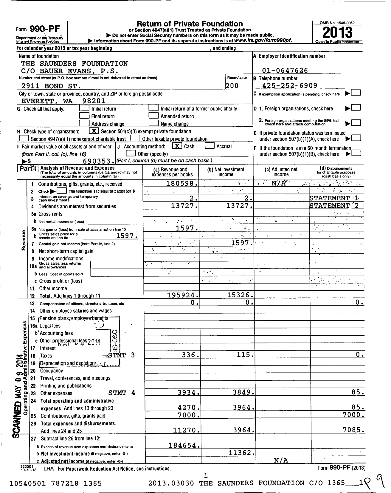 Image of first page of 2013 Form 990PF for Saunders Foundation