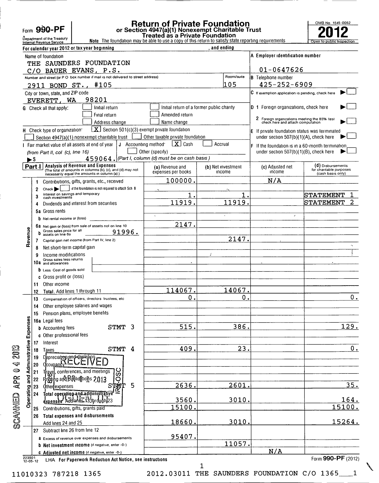 Image of first page of 2012 Form 990PF for Saunders Foundation