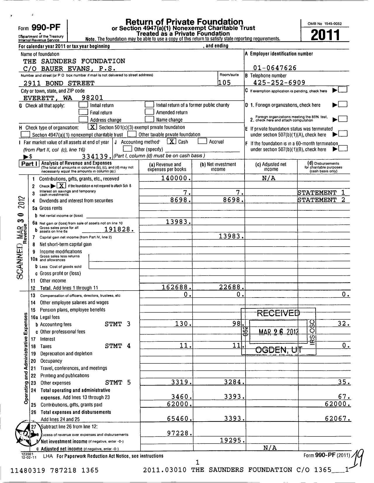Image of first page of 2011 Form 990PF for Saunders Foundation