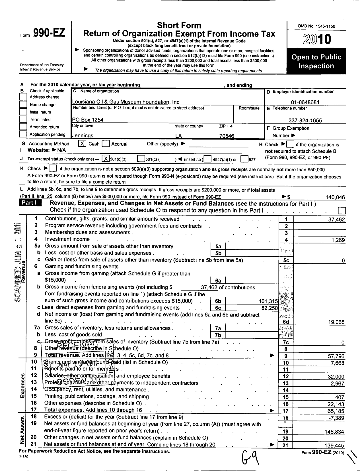 Image of first page of 2010 Form 990EZ for Louisiana Oil and Gas Museum Foundation