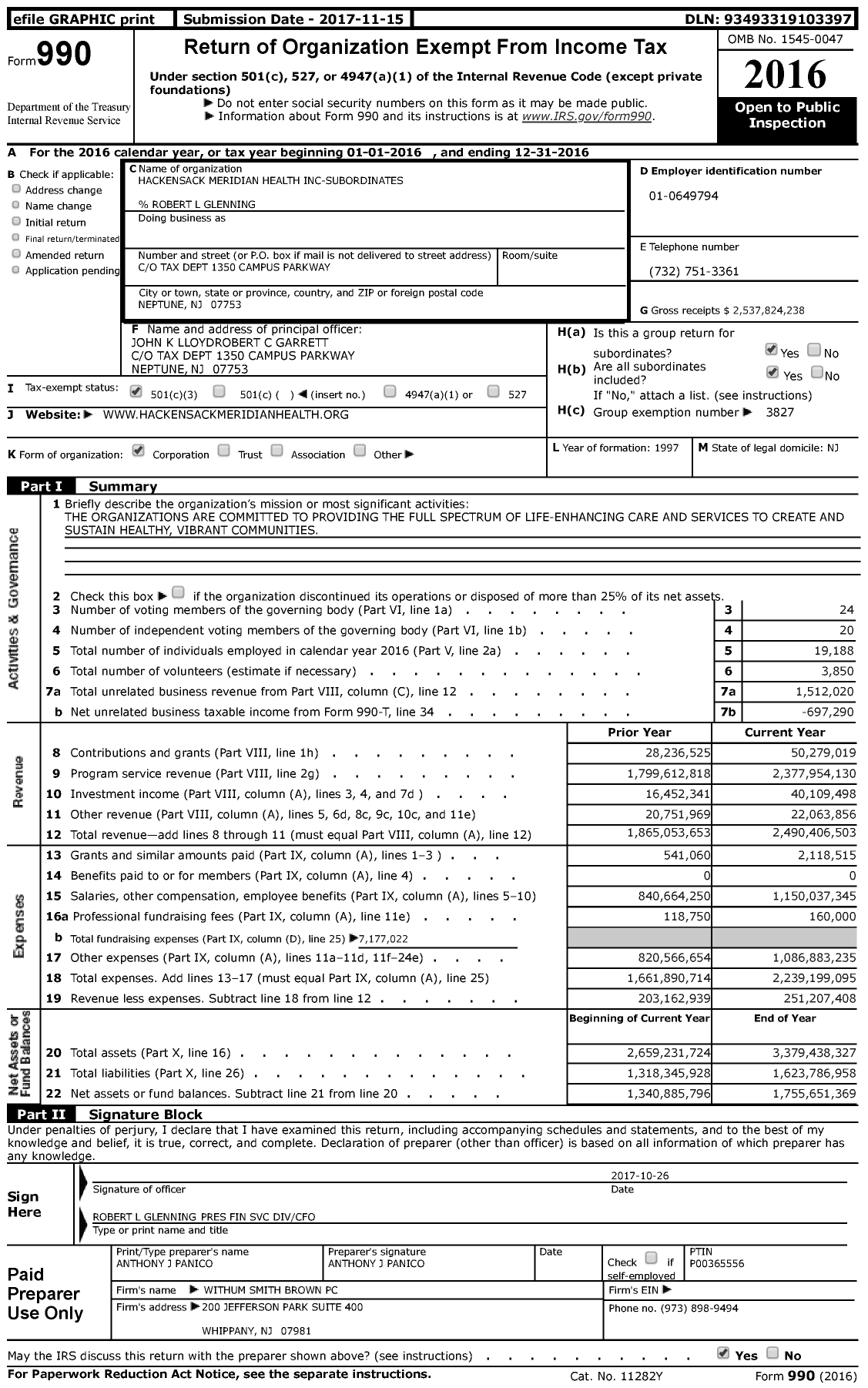 Image of first page of 2016 Form 990 for Hackensack Meridian Health -subordinates (HMH)