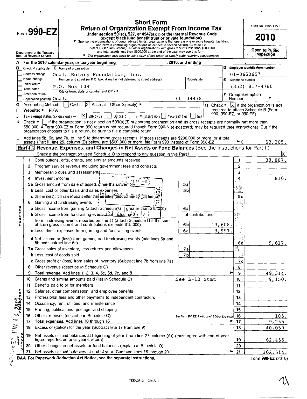 Image of first page of 2010 Form 990EZ for Ocala Rotary Foundation