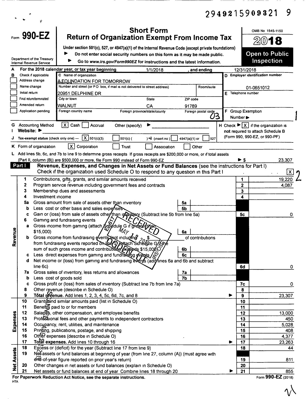 Image of first page of 2018 Form 990EZ for A Foundation for Tomorrow