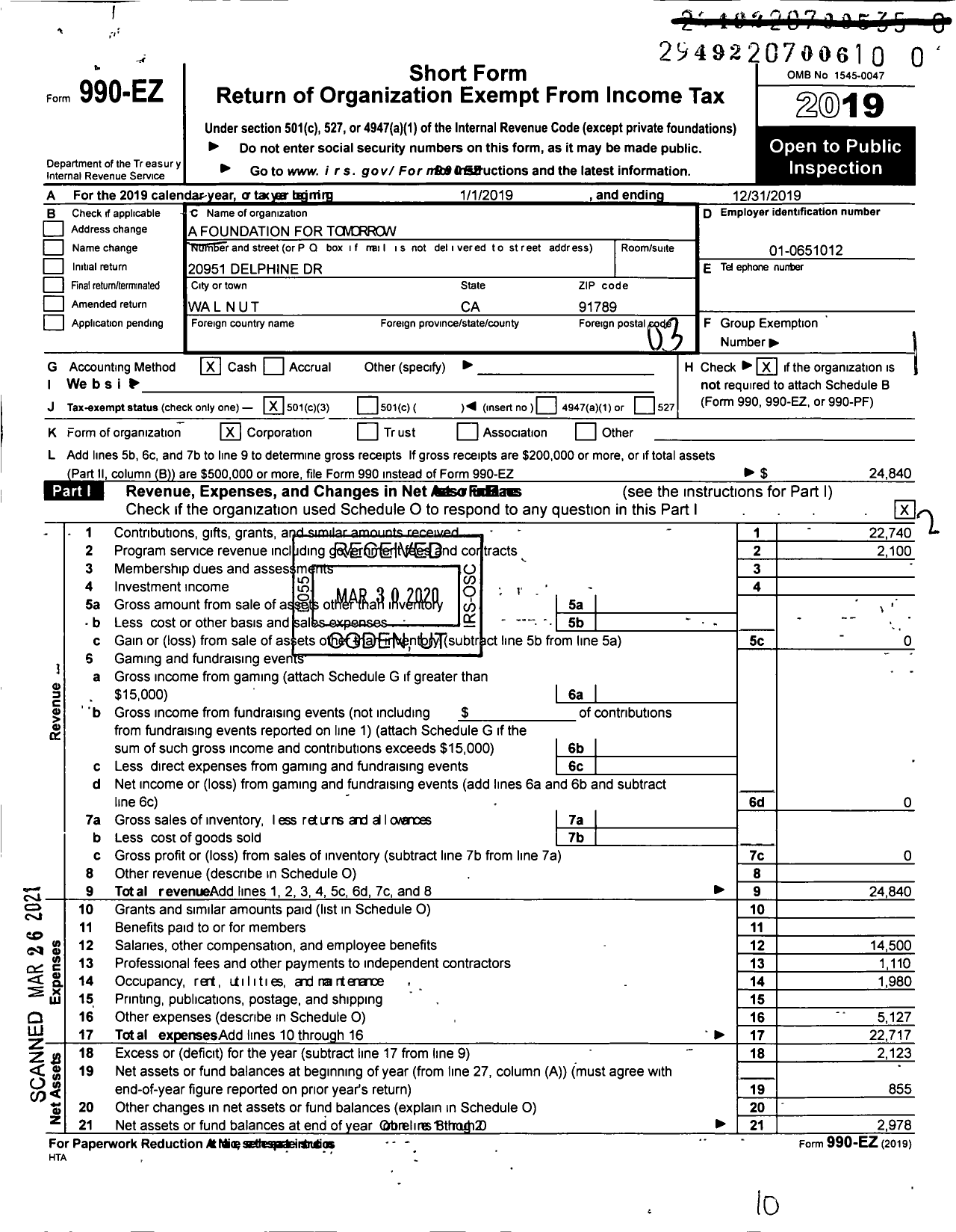 Image of first page of 2019 Form 990EZ for A Foundation for Tomorrow