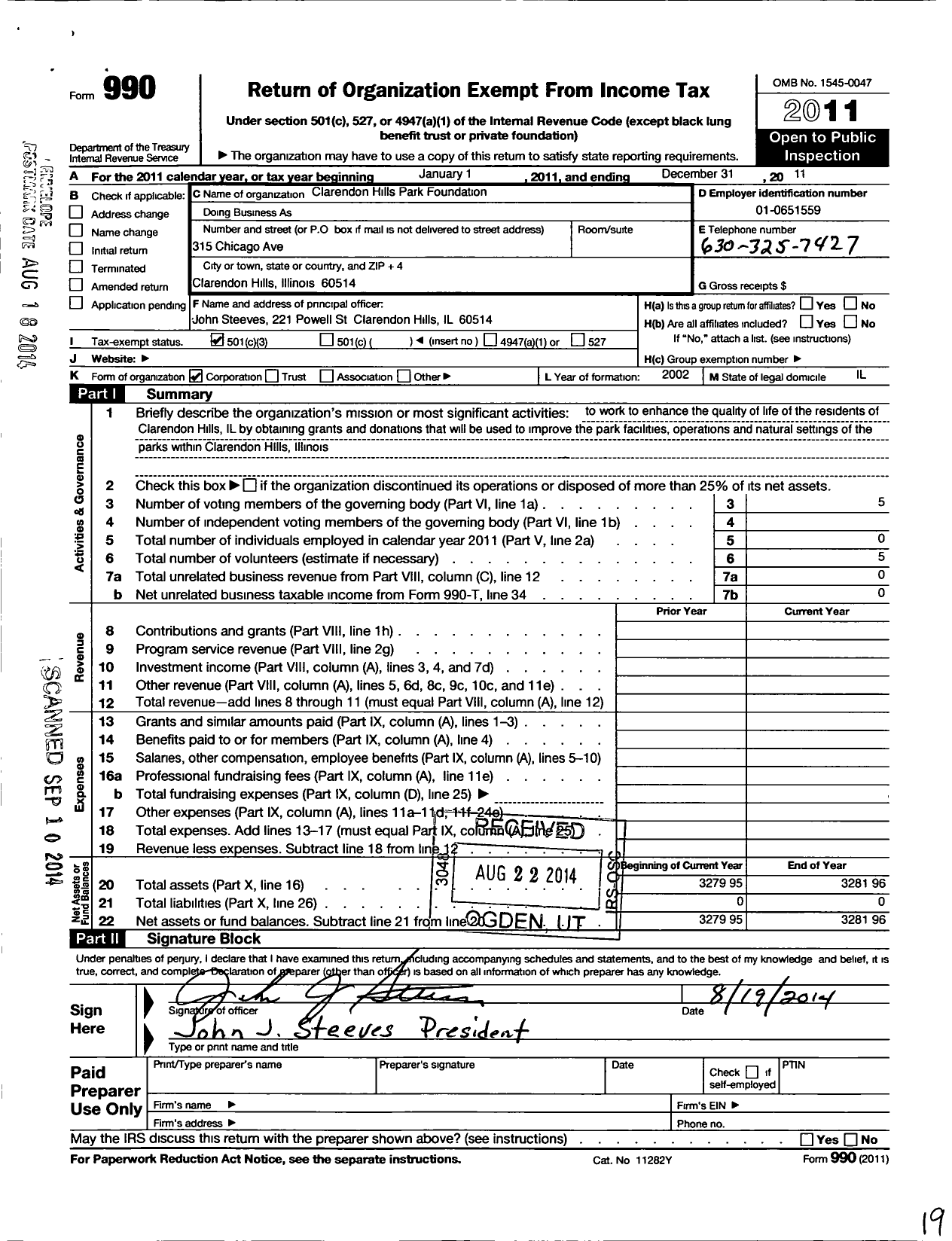 Image of first page of 2011 Form 990 for Clarendon Hills Park Foundation