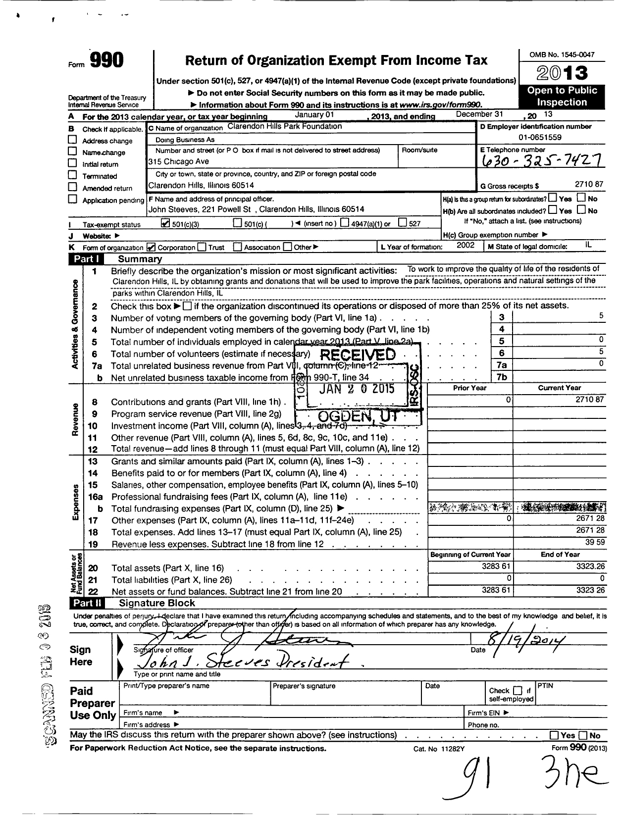 Image of first page of 2013 Form 990 for Clarendon Hills Park Foundation