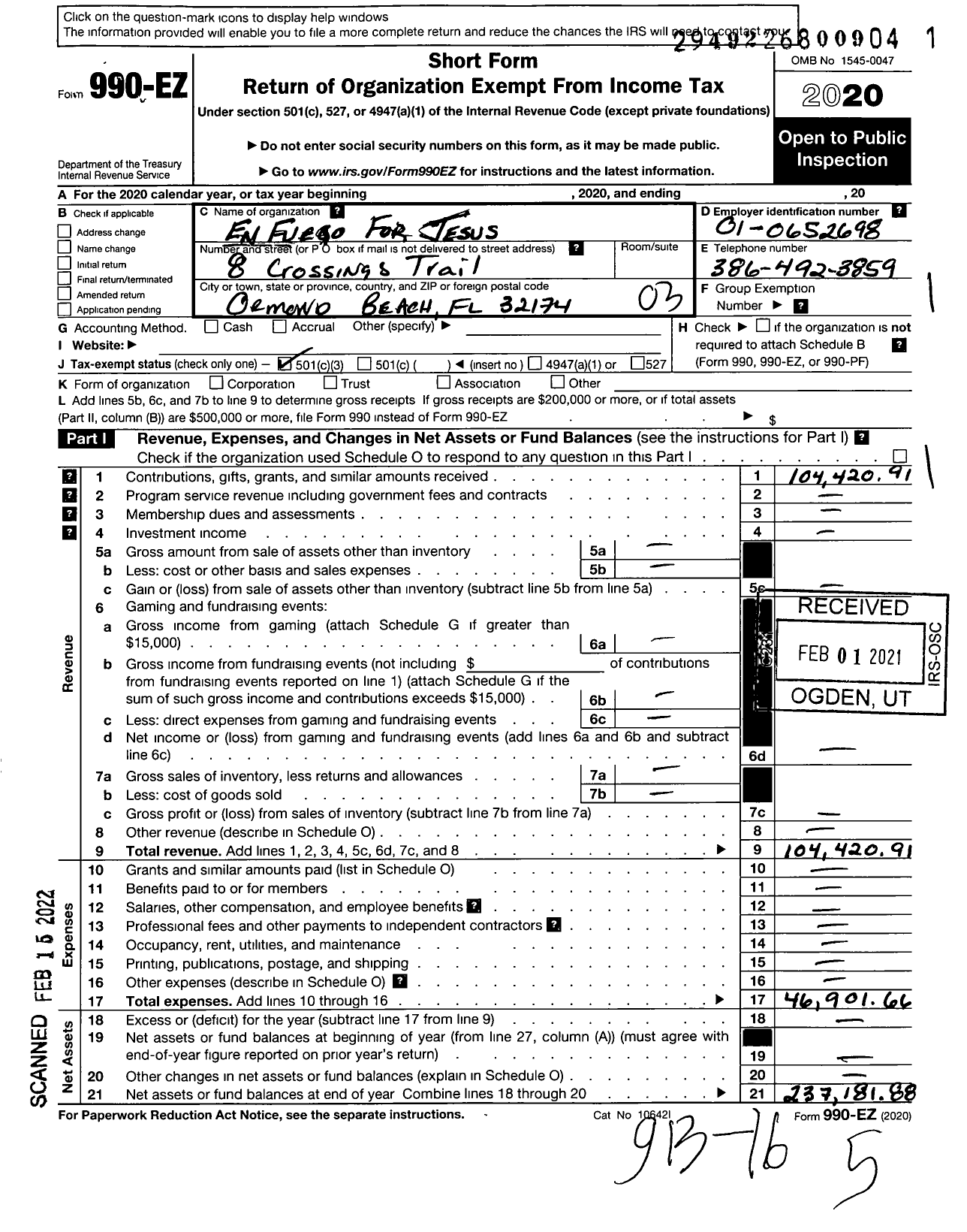 Image of first page of 2020 Form 990EZ for En Fuego for Jesus