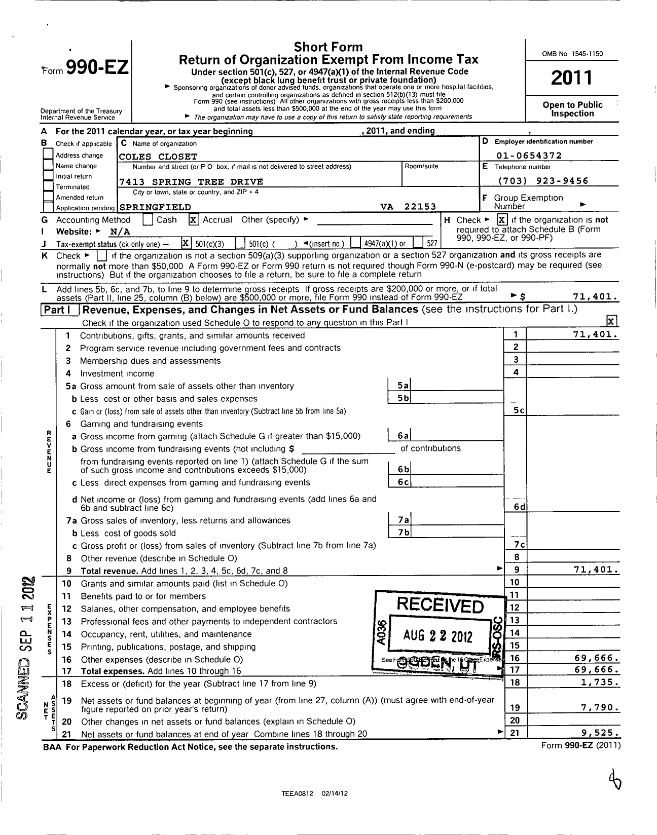 Image of first page of 2011 Form 990EZ for Coles Closet