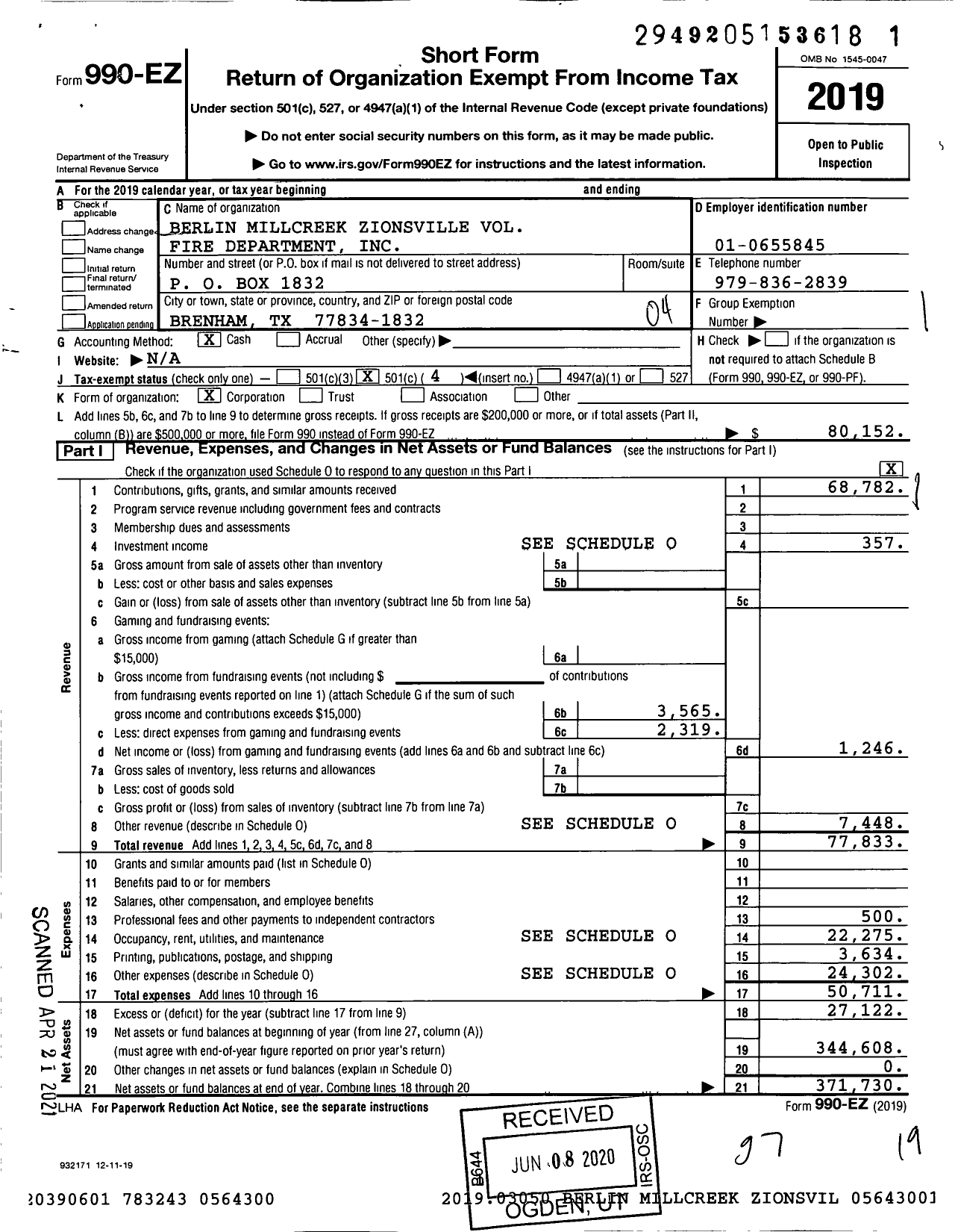 Image of first page of 2019 Form 990EO for Berlin Millcreek Zionsville Volunteer Fire Department