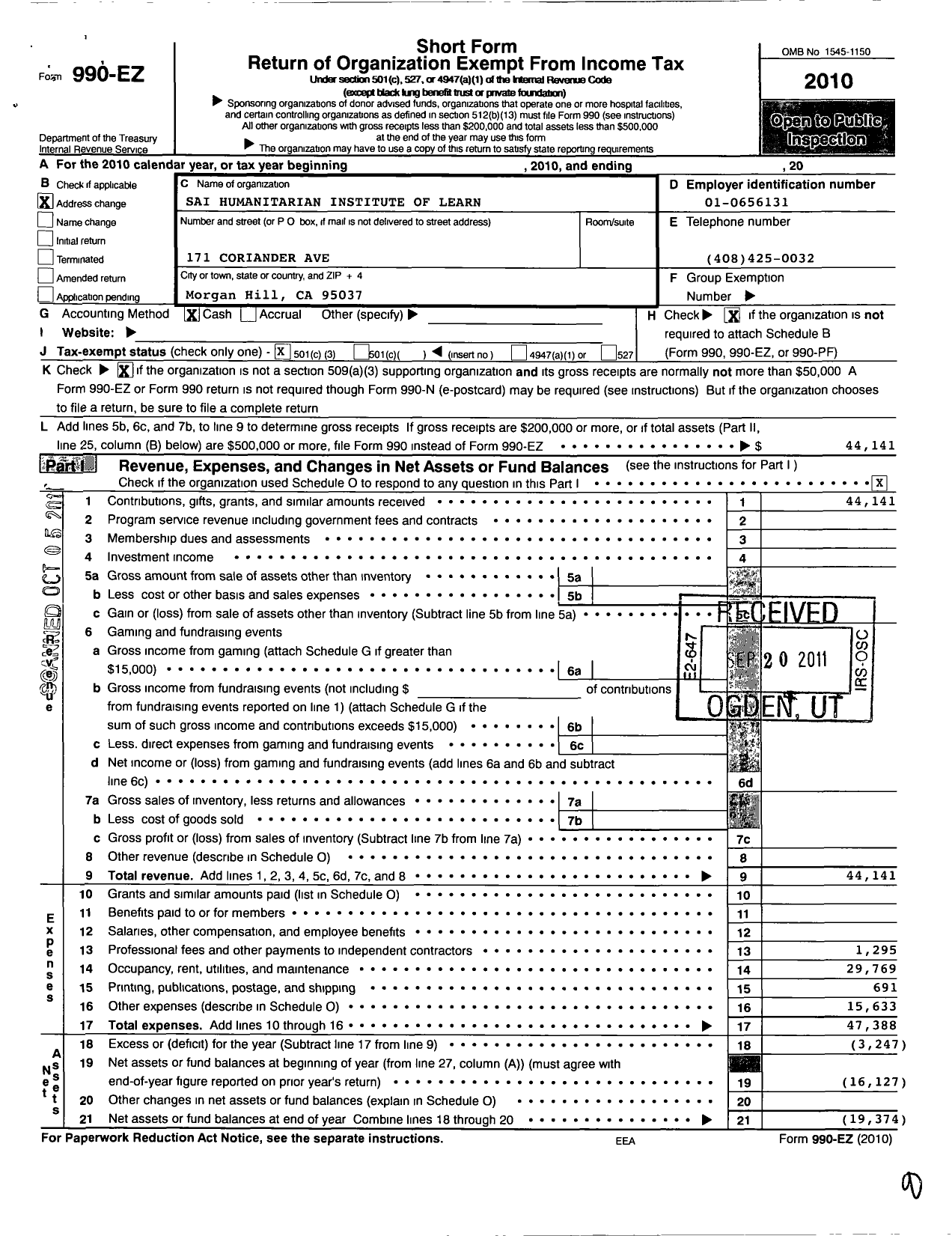 Image of first page of 2010 Form 990EZ for The Sai Humanitarian Institute Of