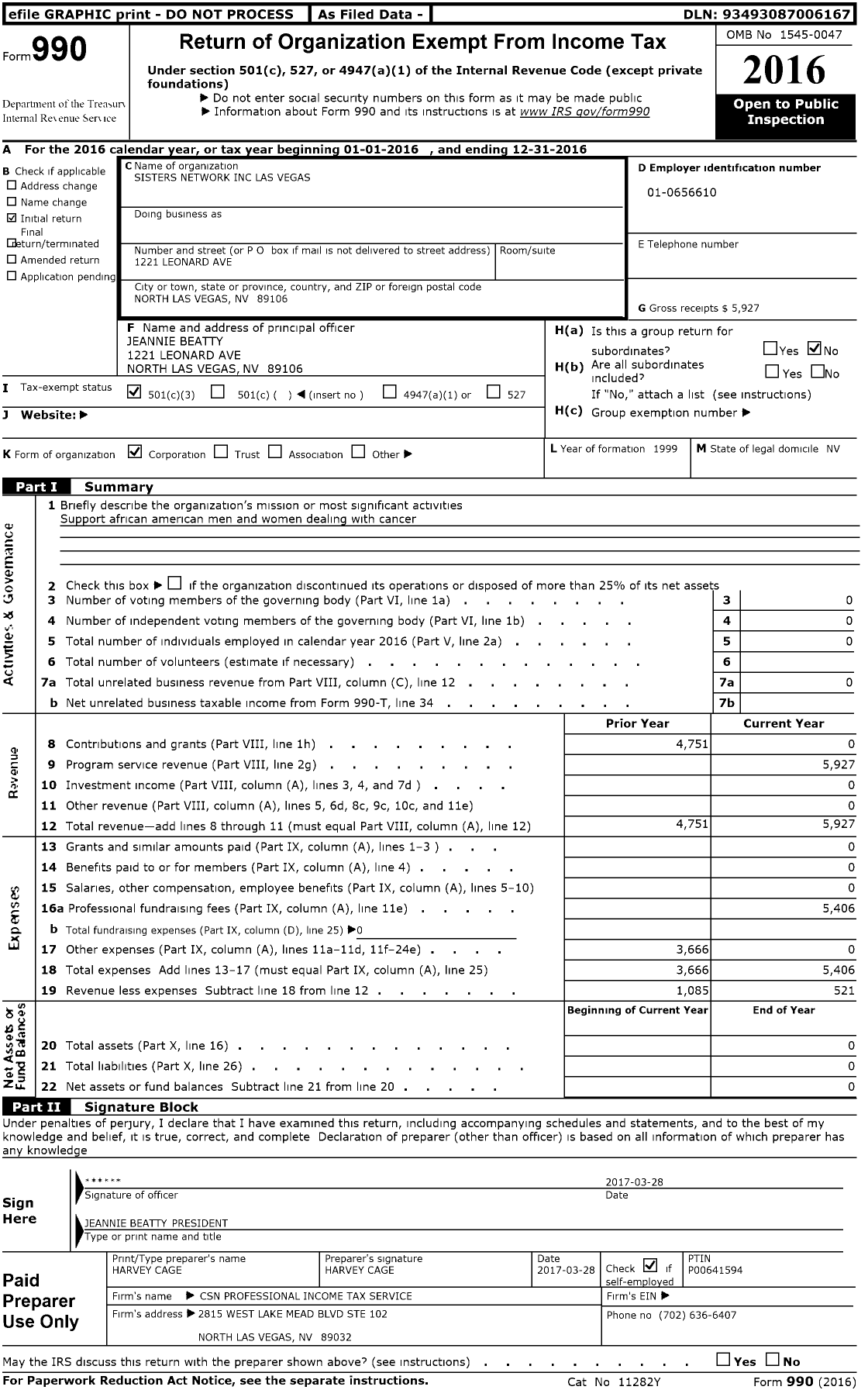 Image of first page of 2016 Form 990 for Sisters Network Las Vegas