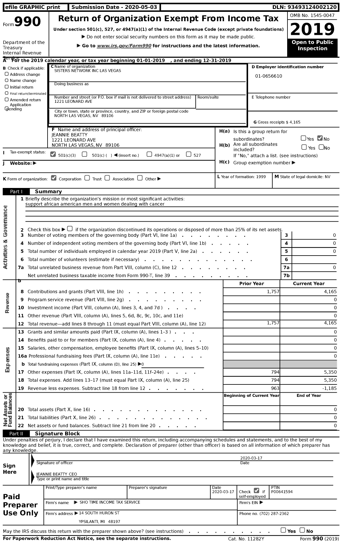 Image of first page of 2019 Form 990 for Sisters Network Las Vegas