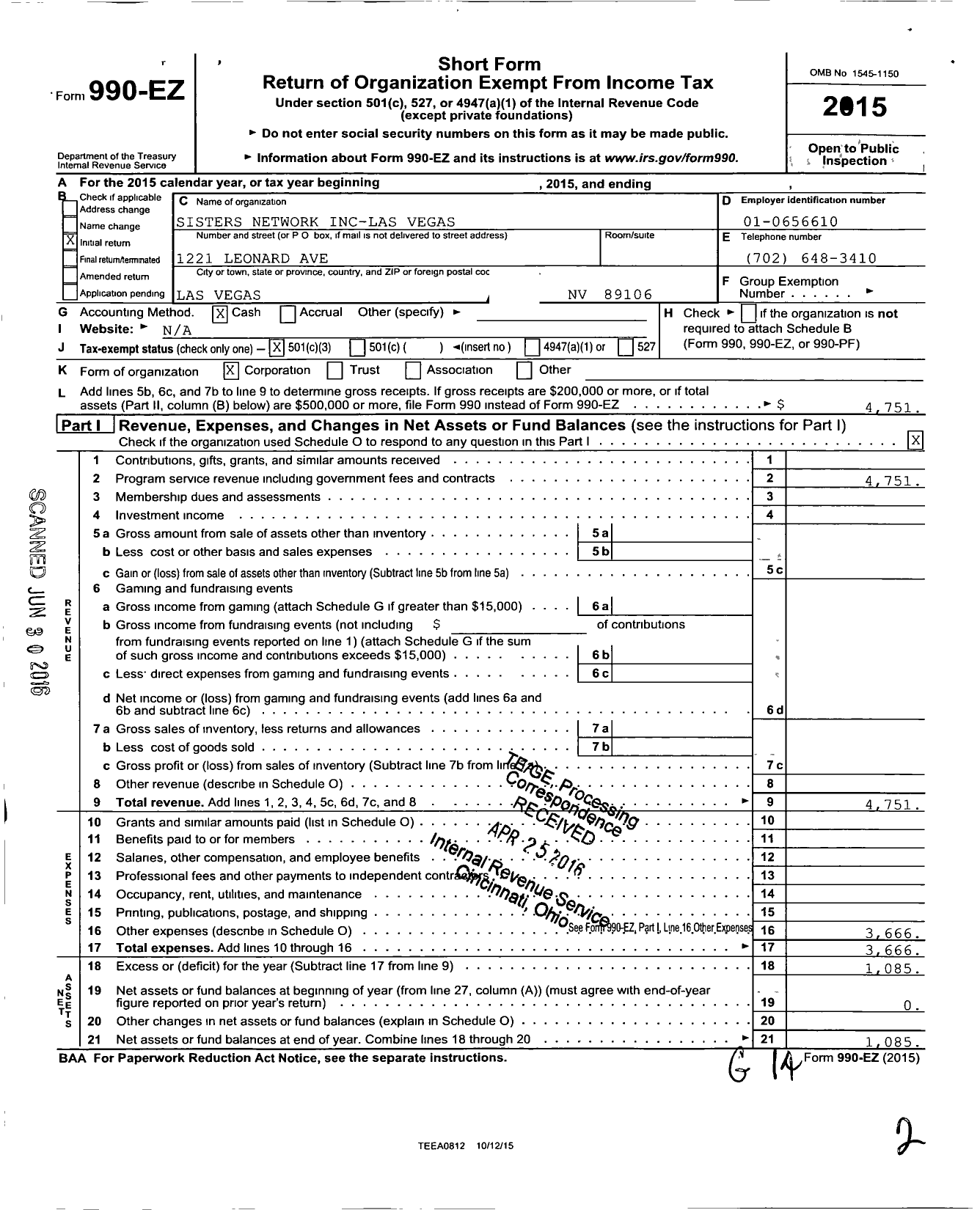 Image of first page of 2015 Form 990EZ for Sisters Network Las Vegas