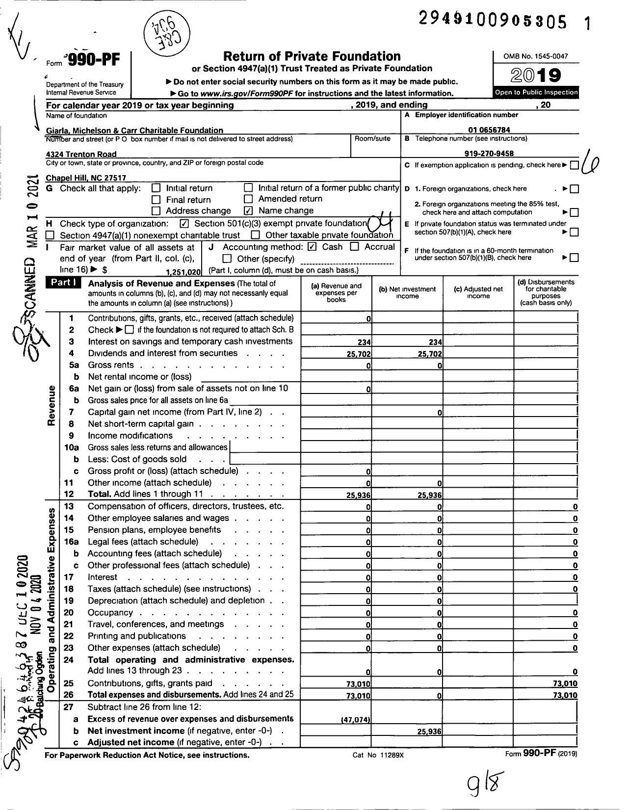 Image of first page of 2019 Form 990PF for Giarla Michelson and Carr Charitable Foundation