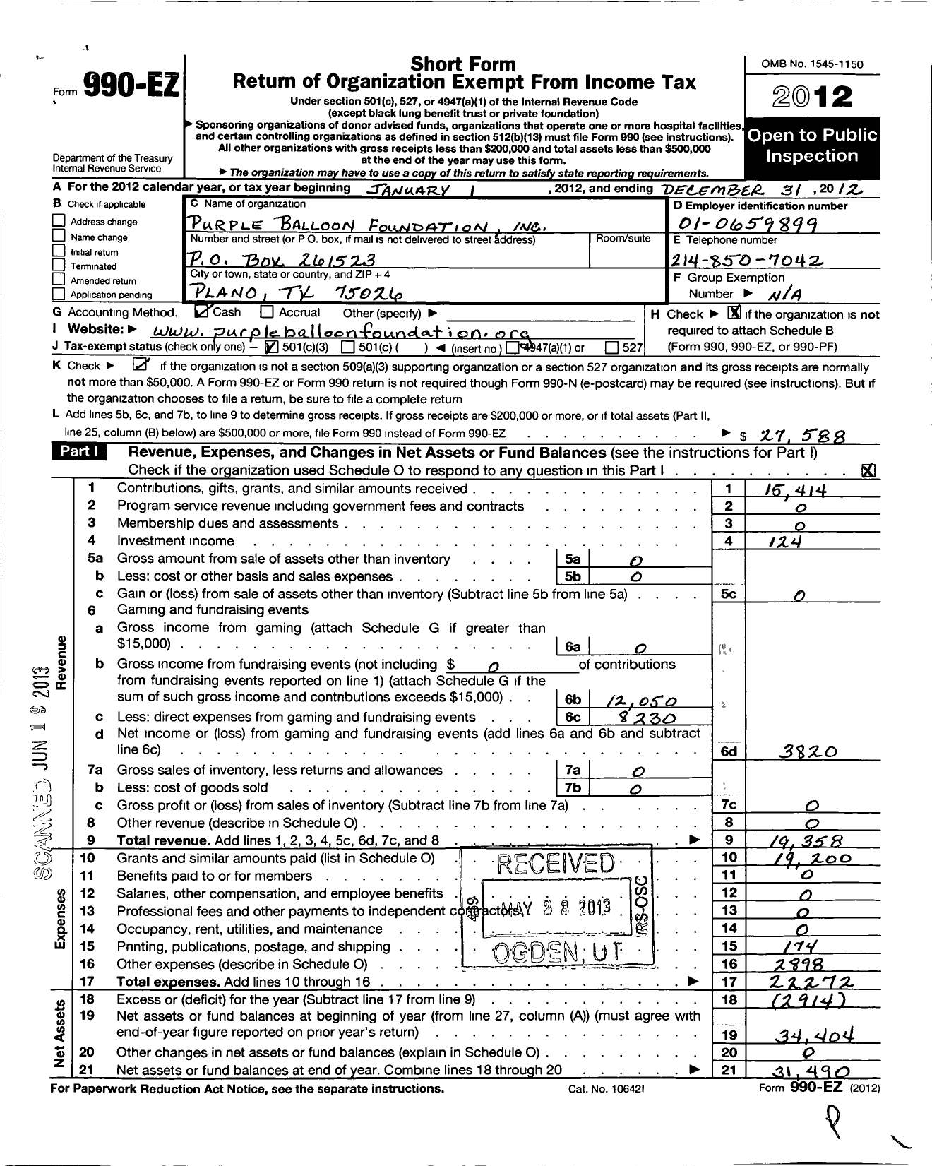 Image of first page of 2012 Form 990EZ for The Purple Balloon Foundation