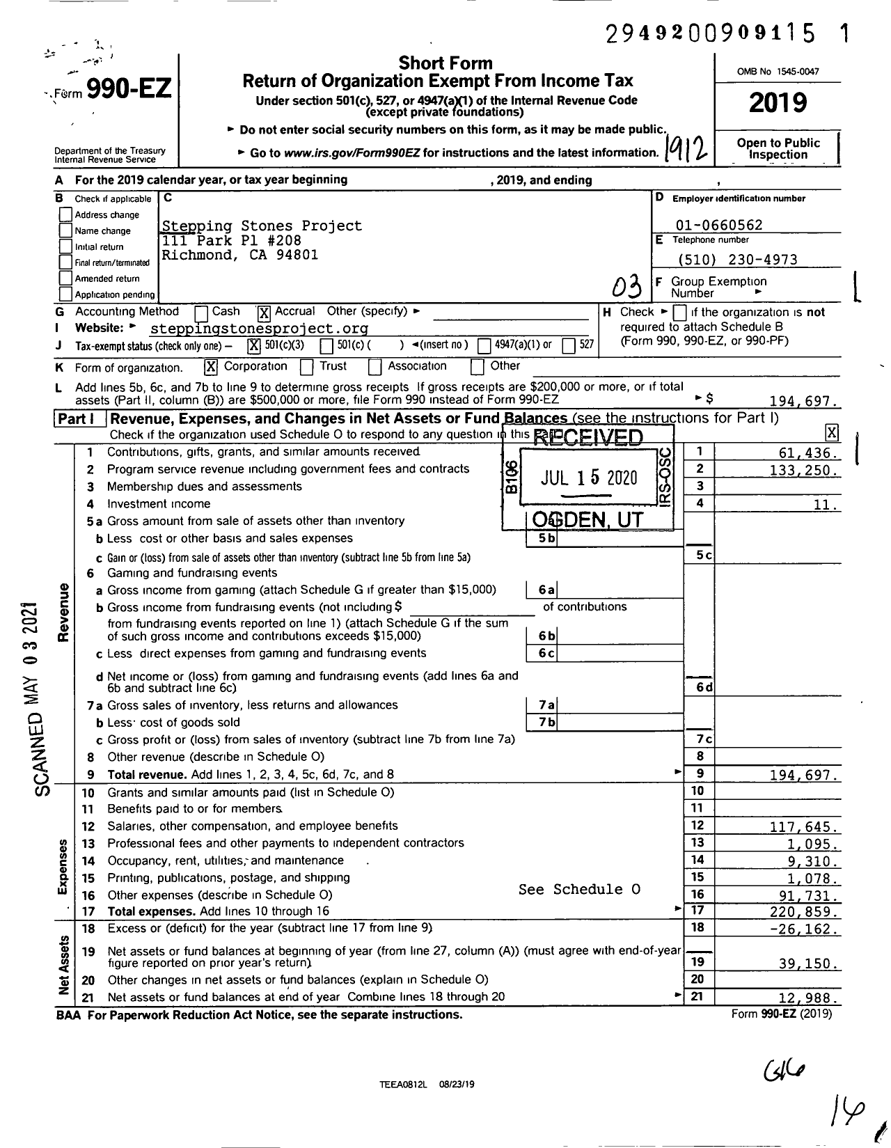Image of first page of 2019 Form 990EZ for Stepping Stones Project
