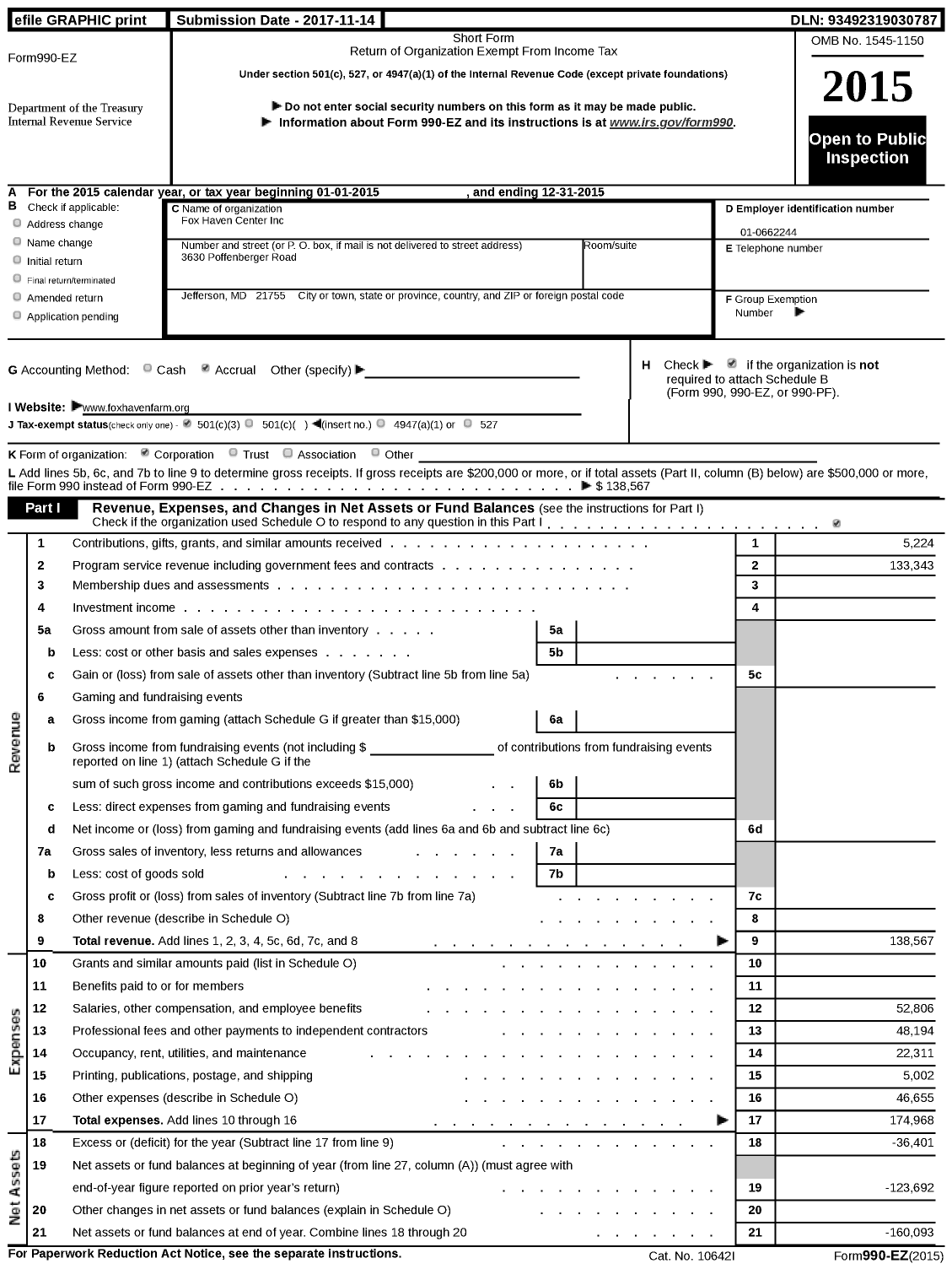 Image of first page of 2015 Form 990EZ for Fox Haven Center