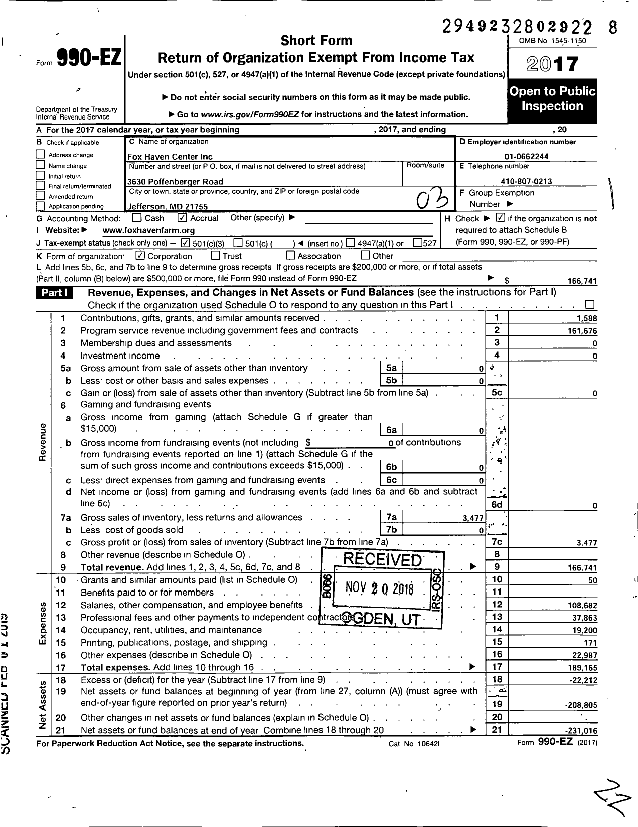 Image of first page of 2017 Form 990EZ for Fox Haven Center