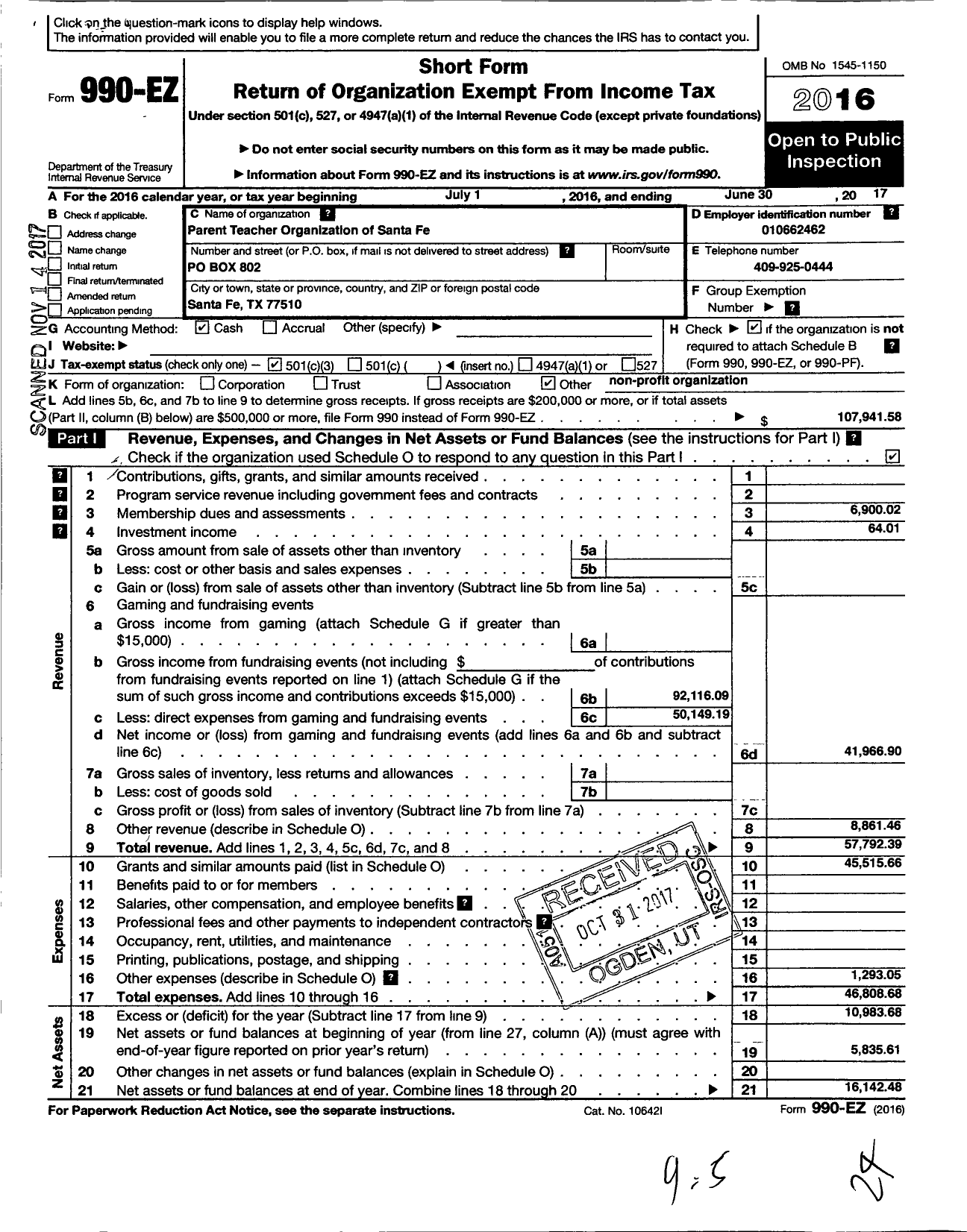 Image of first page of 2016 Form 990EZ for Pto of Santa Fe