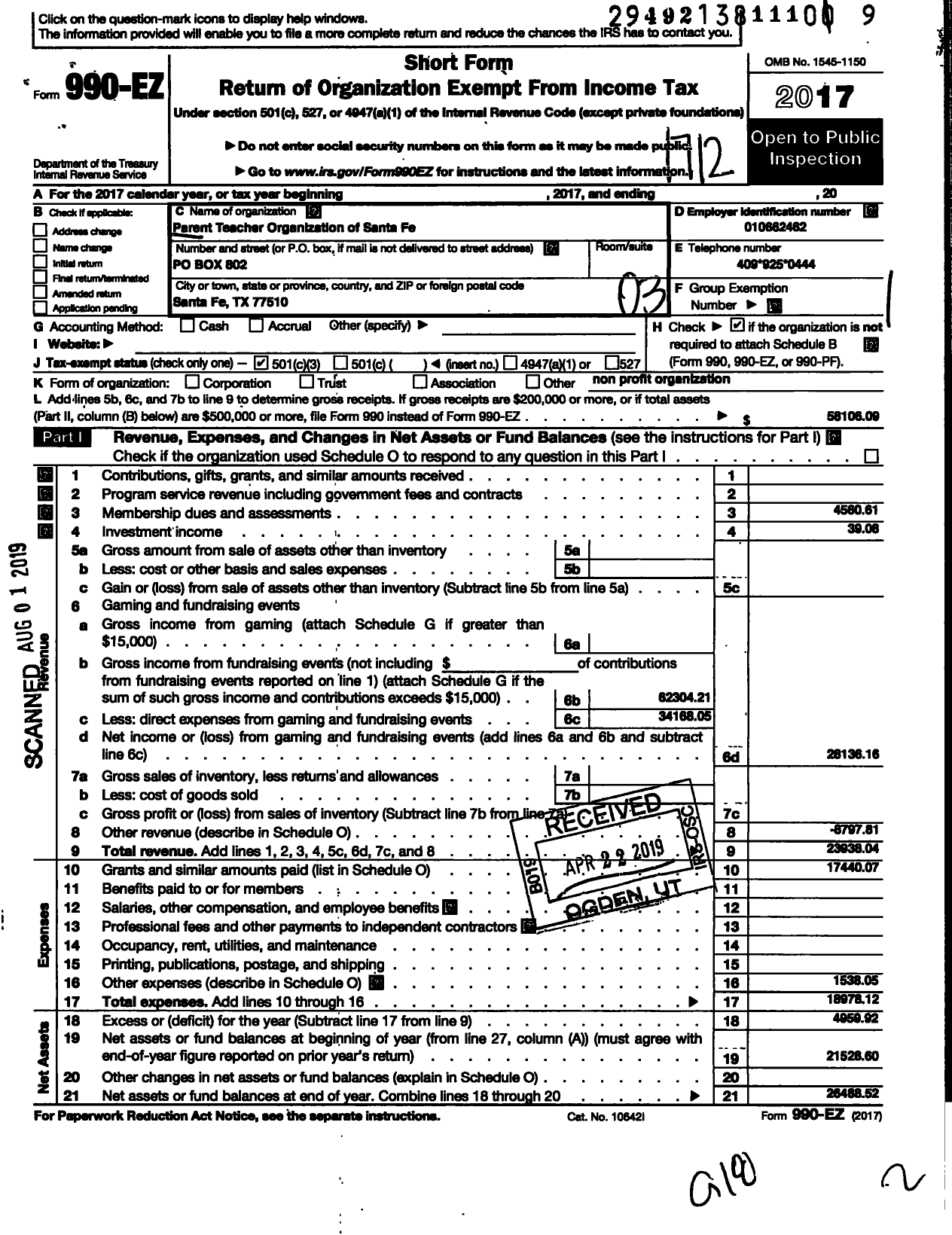 Image of first page of 2017 Form 990EZ for Pto of Santa Fe