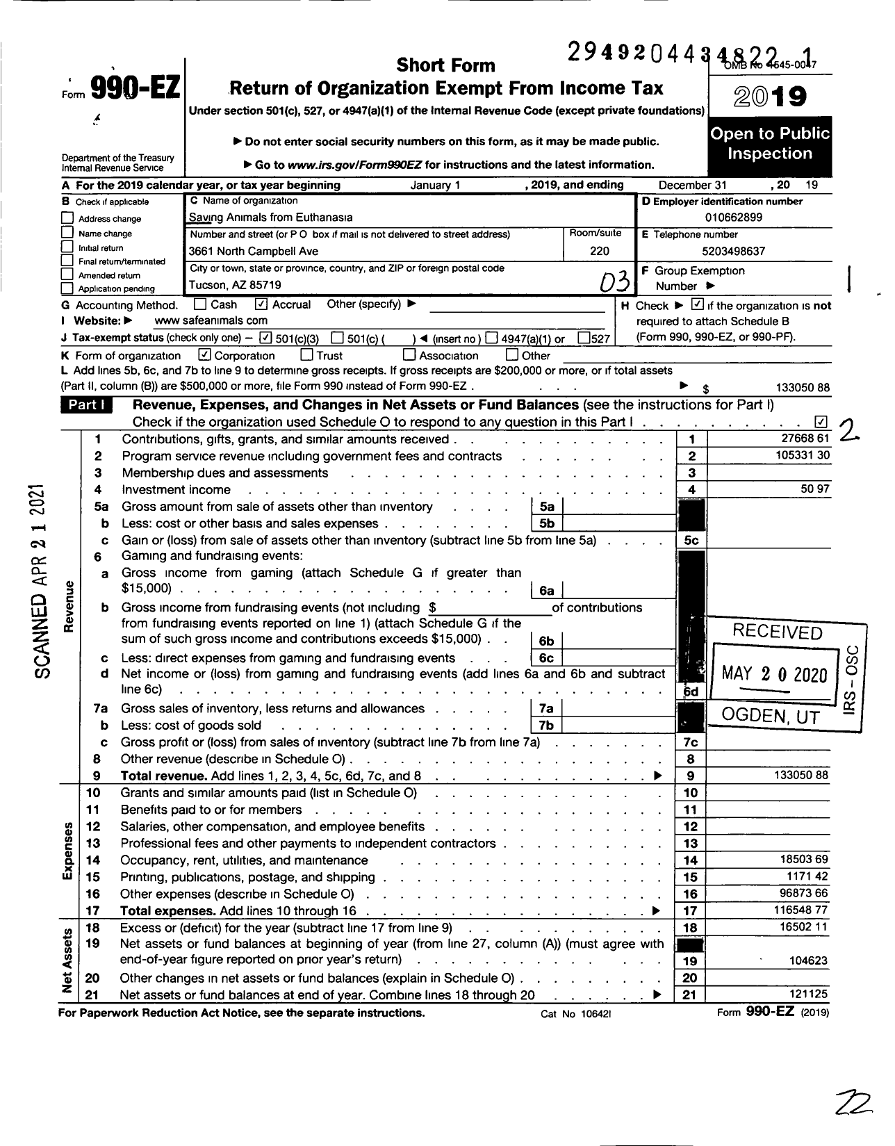 Image of first page of 2019 Form 990EZ for Saving Animals From Euthanasia