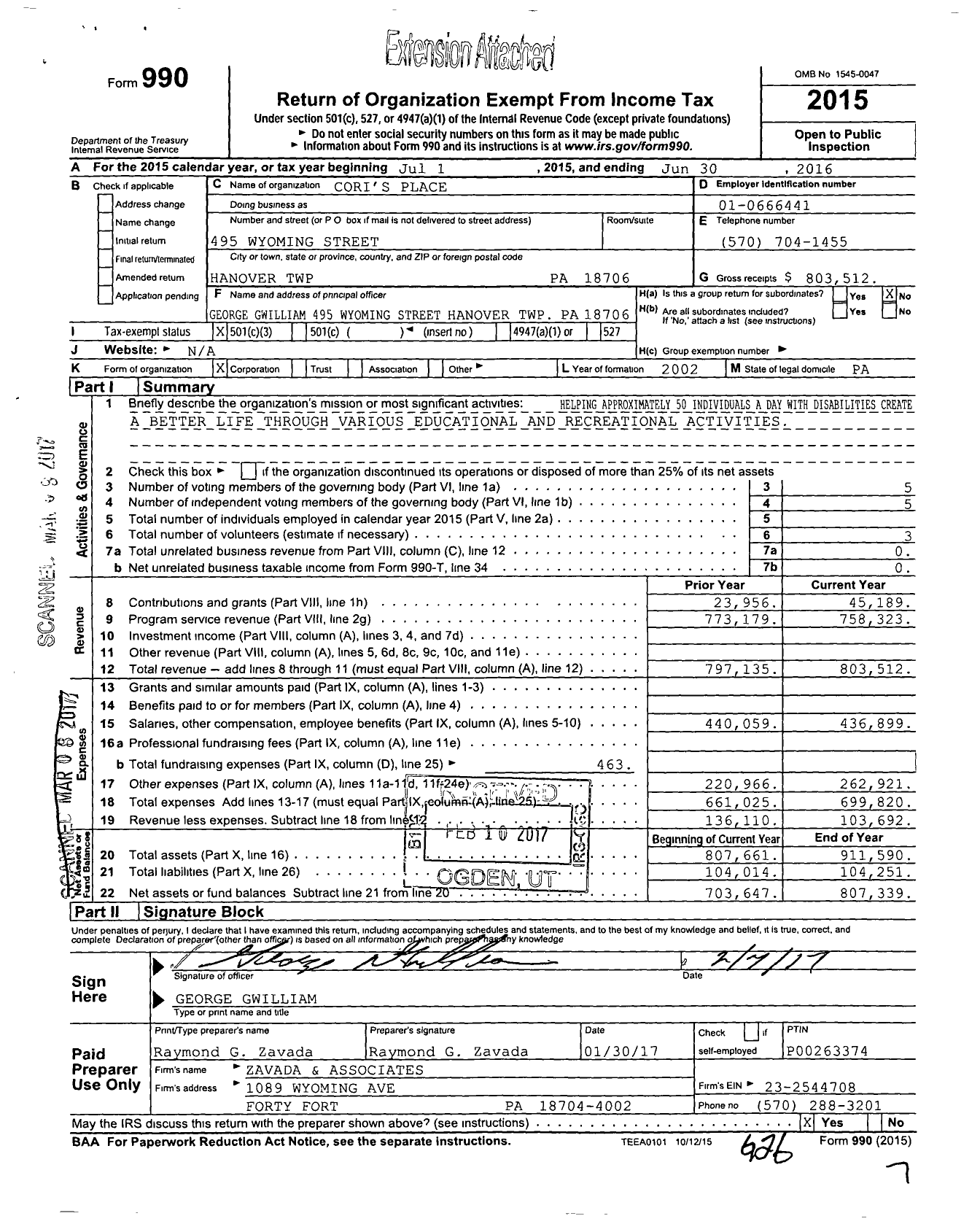 Image of first page of 2015 Form 990 for Cori's Place