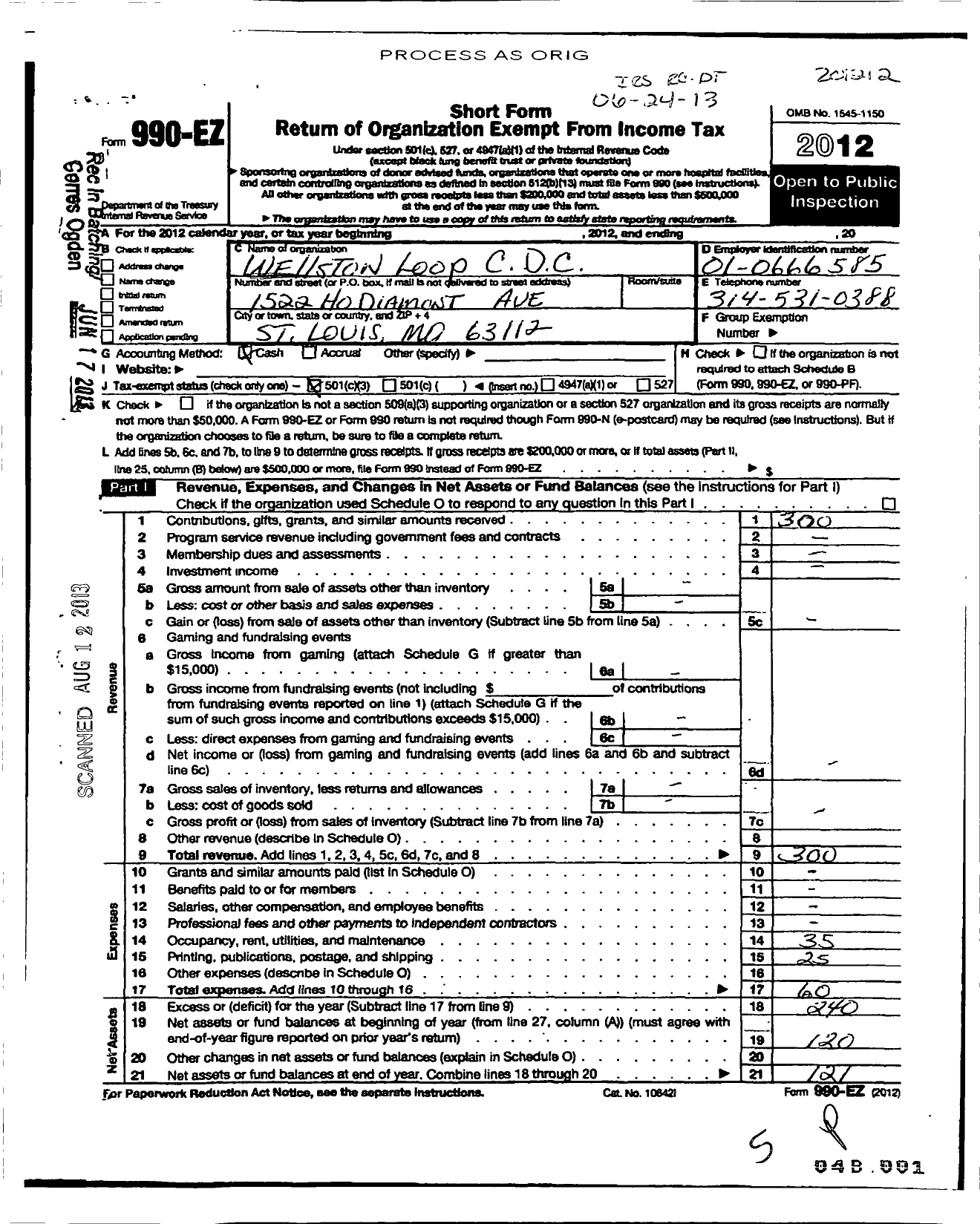 Image of first page of 2012 Form 990EZ for Wellston Loop Community Developement Corporation