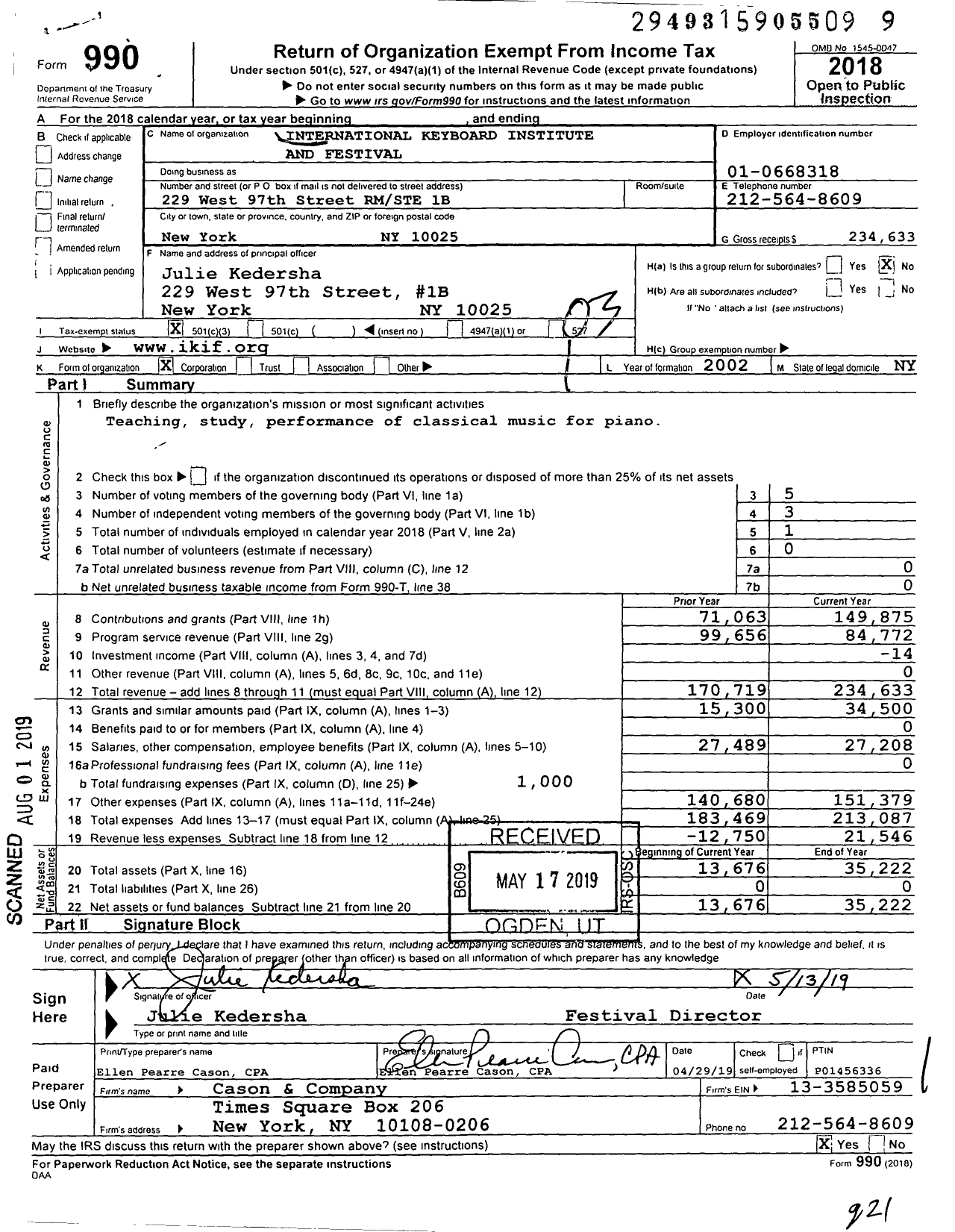 Image of first page of 2018 Form 990 for International Keyboard Institute and Festival