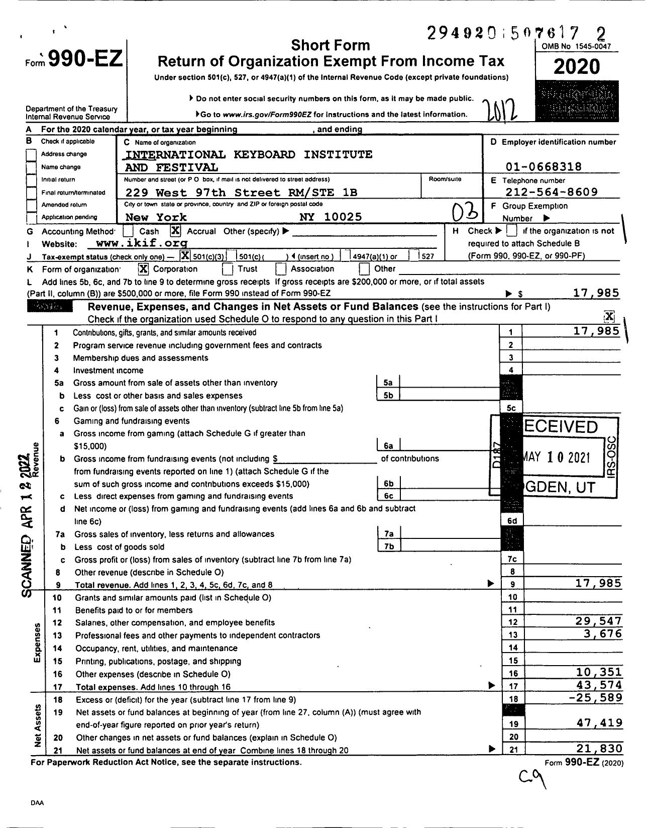 Image of first page of 2020 Form 990EZ for International Keyboard Institute and Festival