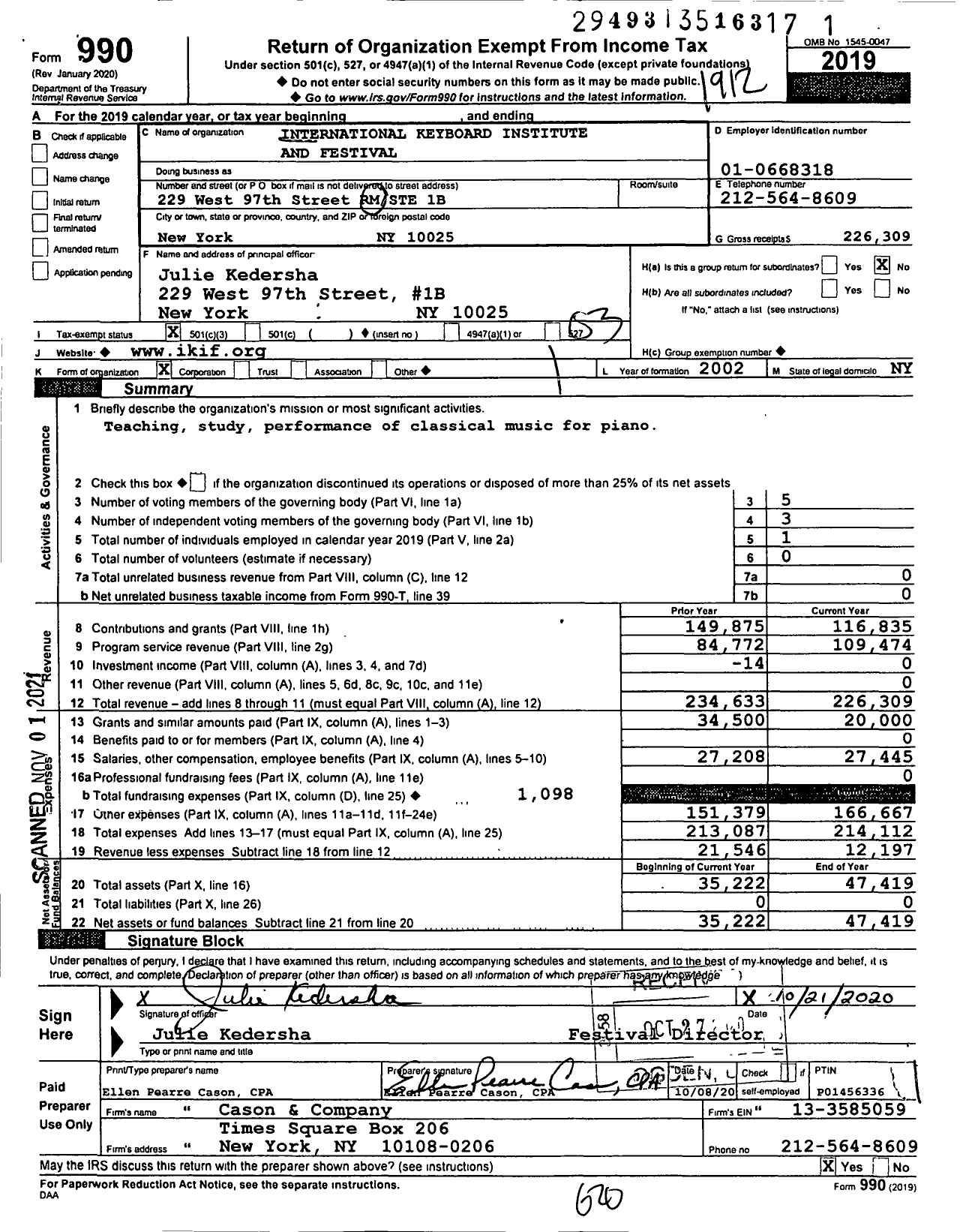 Image of first page of 2019 Form 990 for International Keyboard Institute and Festival