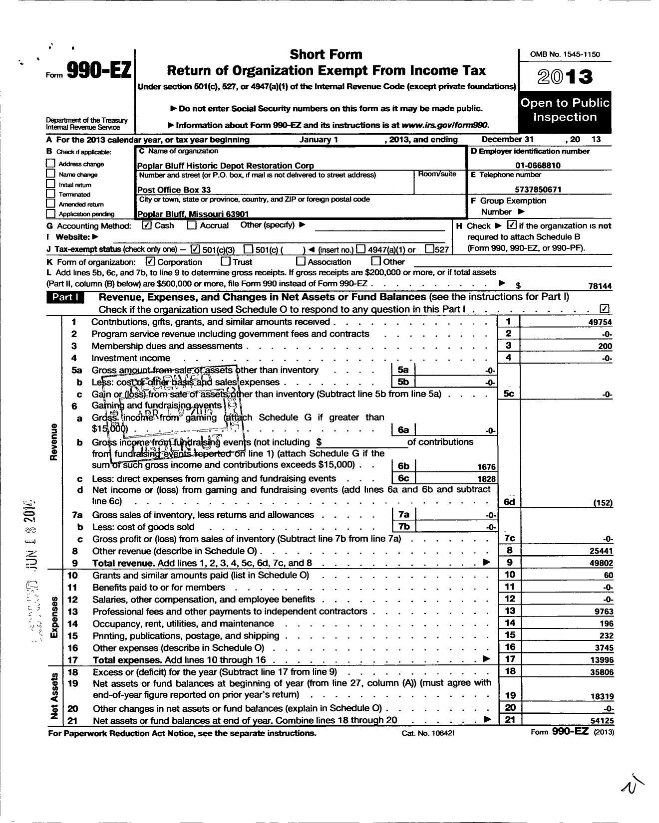 Image of first page of 2013 Form 990EZ for Poplar Bluff Historic Depot Restoration Corporation