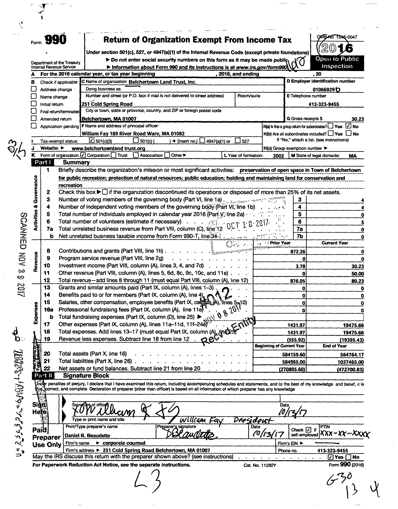 Image of first page of 2016 Form 990 for Belchertown Land Trust