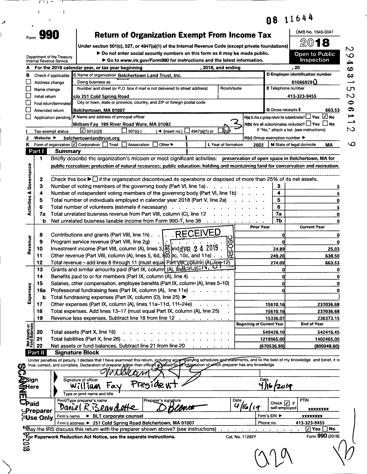 Image of first page of 2018 Form 990 for Belchertown Land Trust