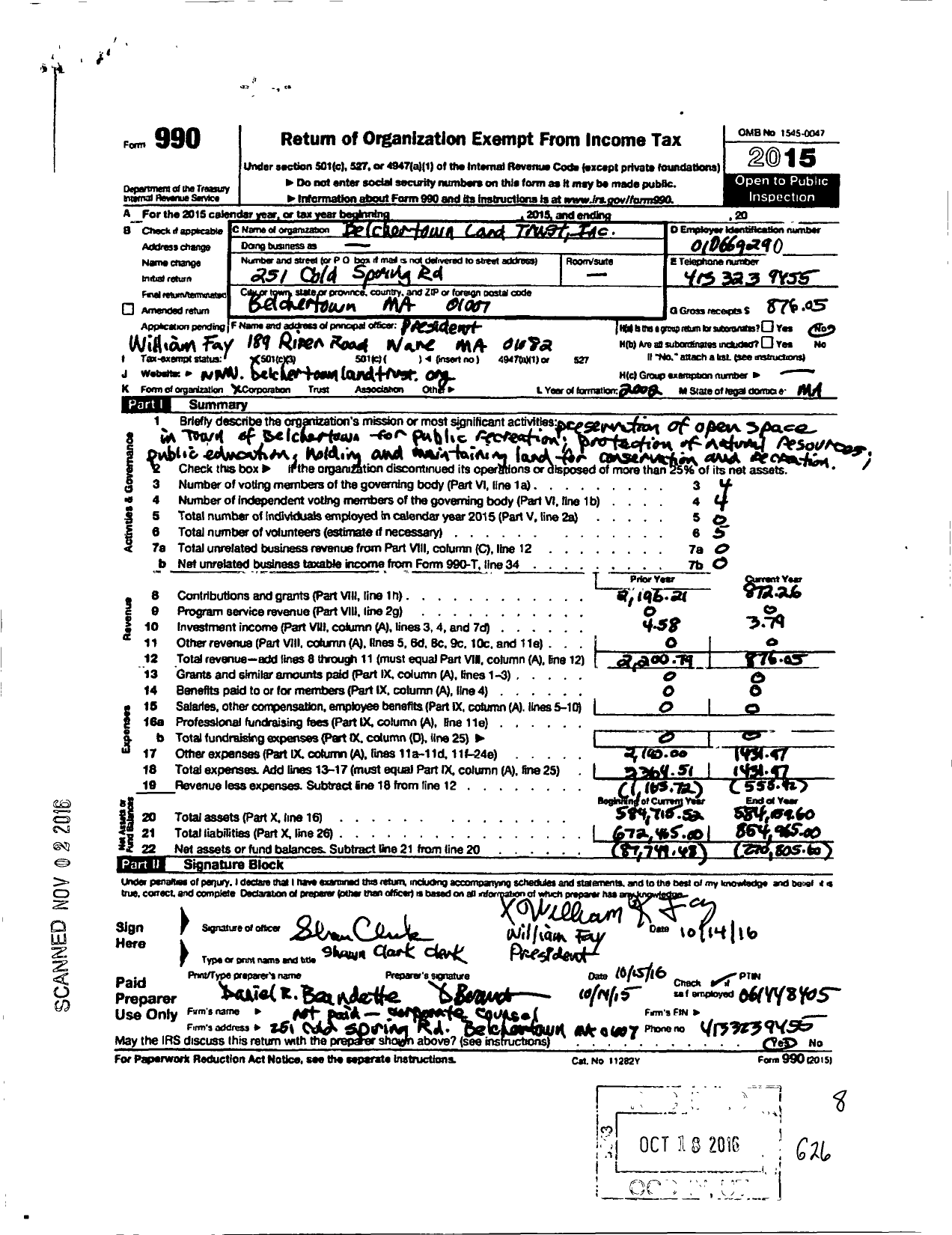 Image of first page of 2015 Form 990 for Belchertown Land Trust