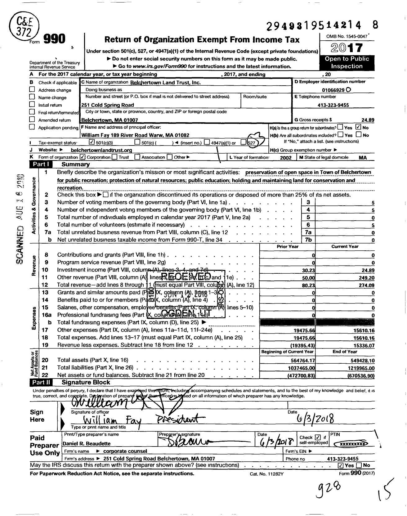 Image of first page of 2017 Form 990 for Belchertown Land Trust