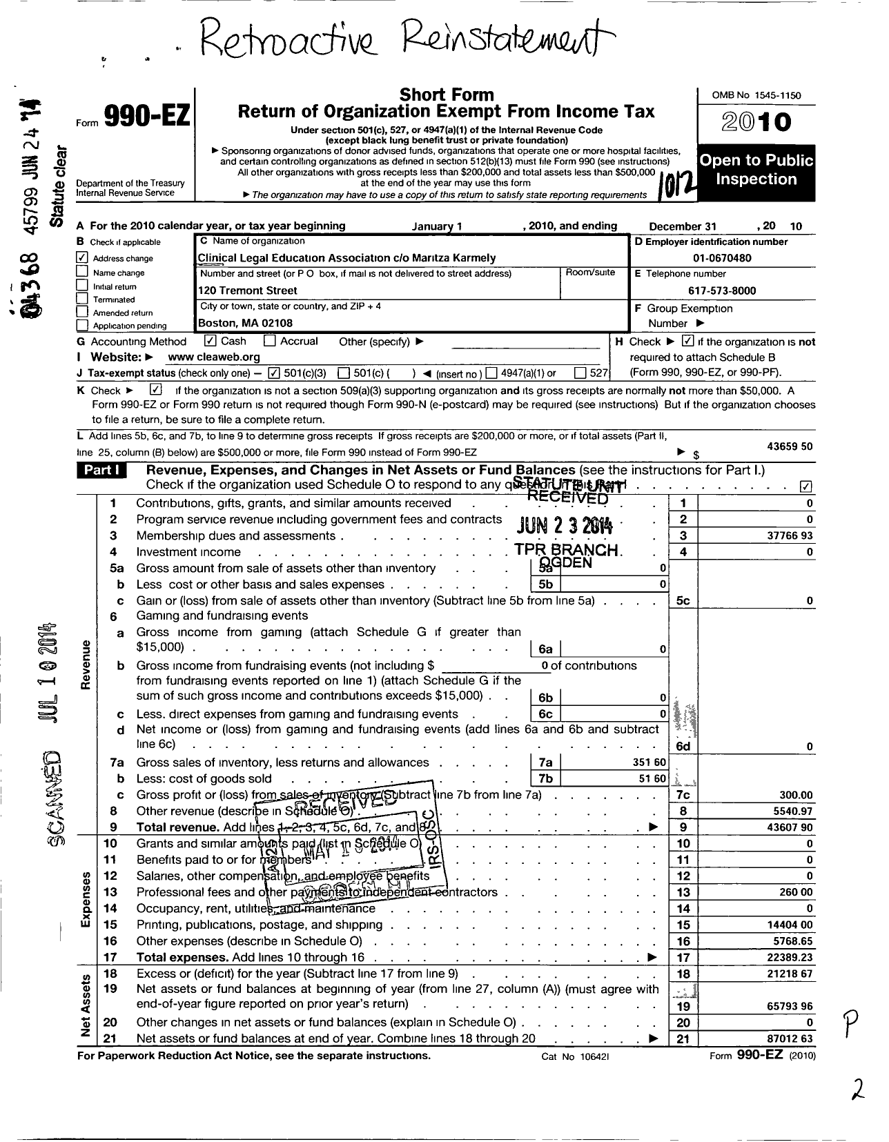 Image of first page of 2010 Form 990EZ for Clinical Legal Education Association