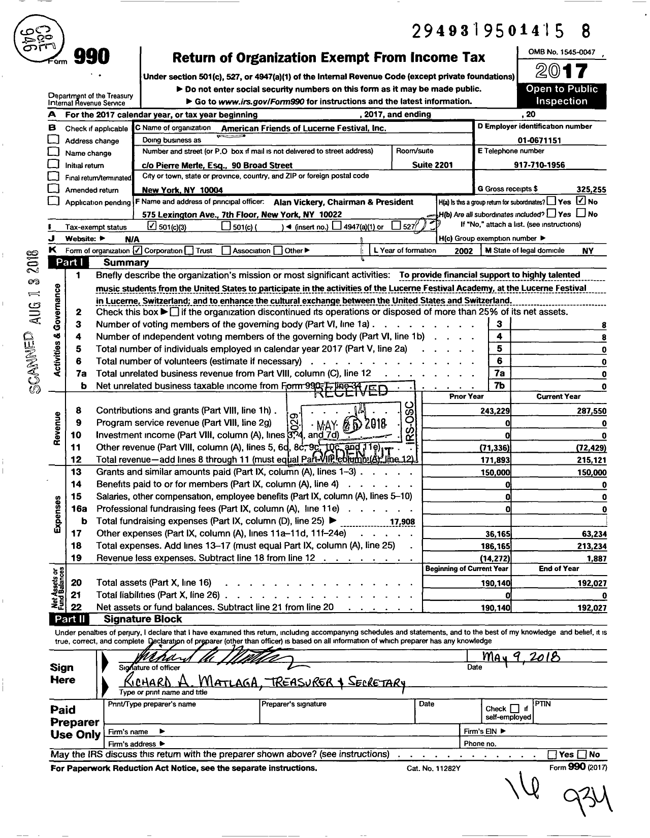 Image of first page of 2017 Form 990 for American Friends of Lucerne Festival