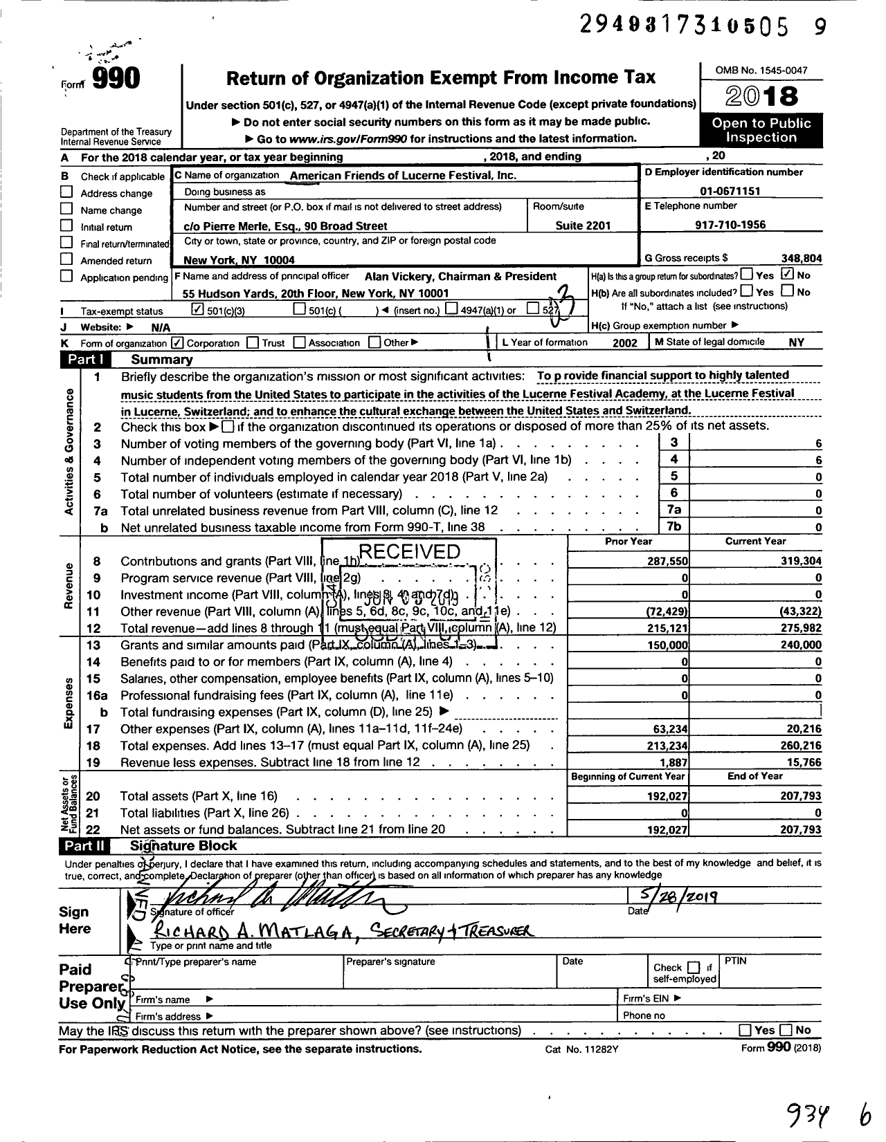 Image of first page of 2018 Form 990 for American Friends of Lucerne Festival