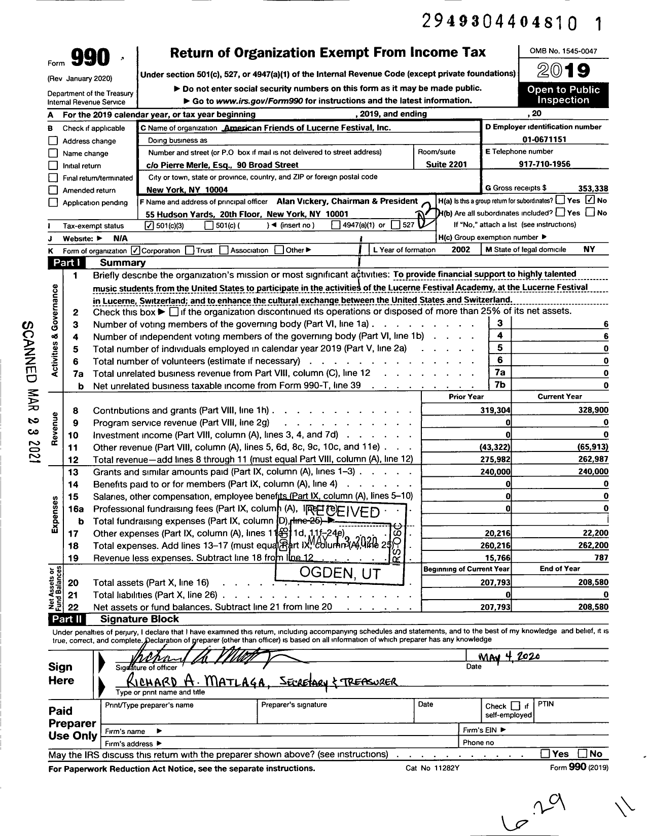 Image of first page of 2019 Form 990 for American Friends of Lucerne Festival