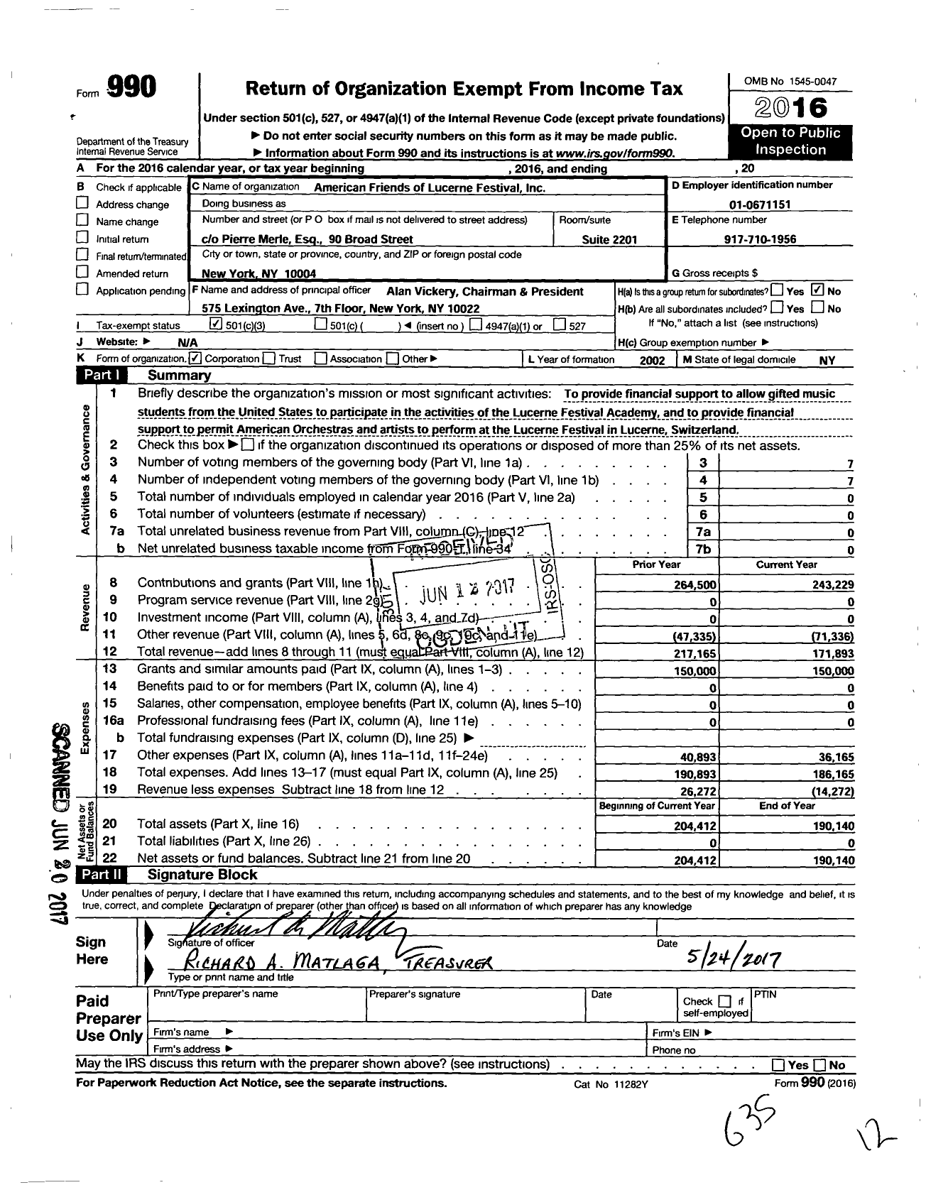 Image of first page of 2016 Form 990 for American Friends of Lucerne Festival