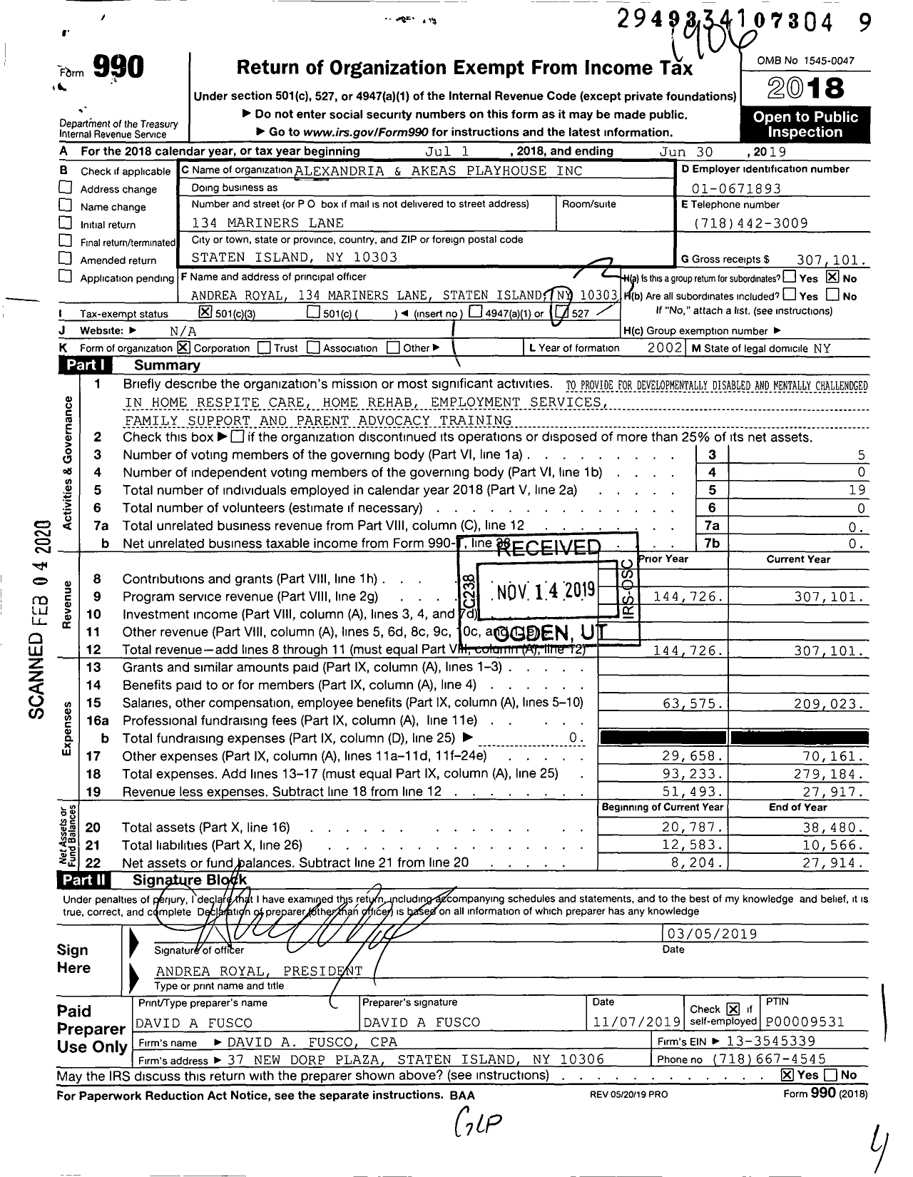 Image of first page of 2018 Form 990 for Alexandria and Akea's Playhouse