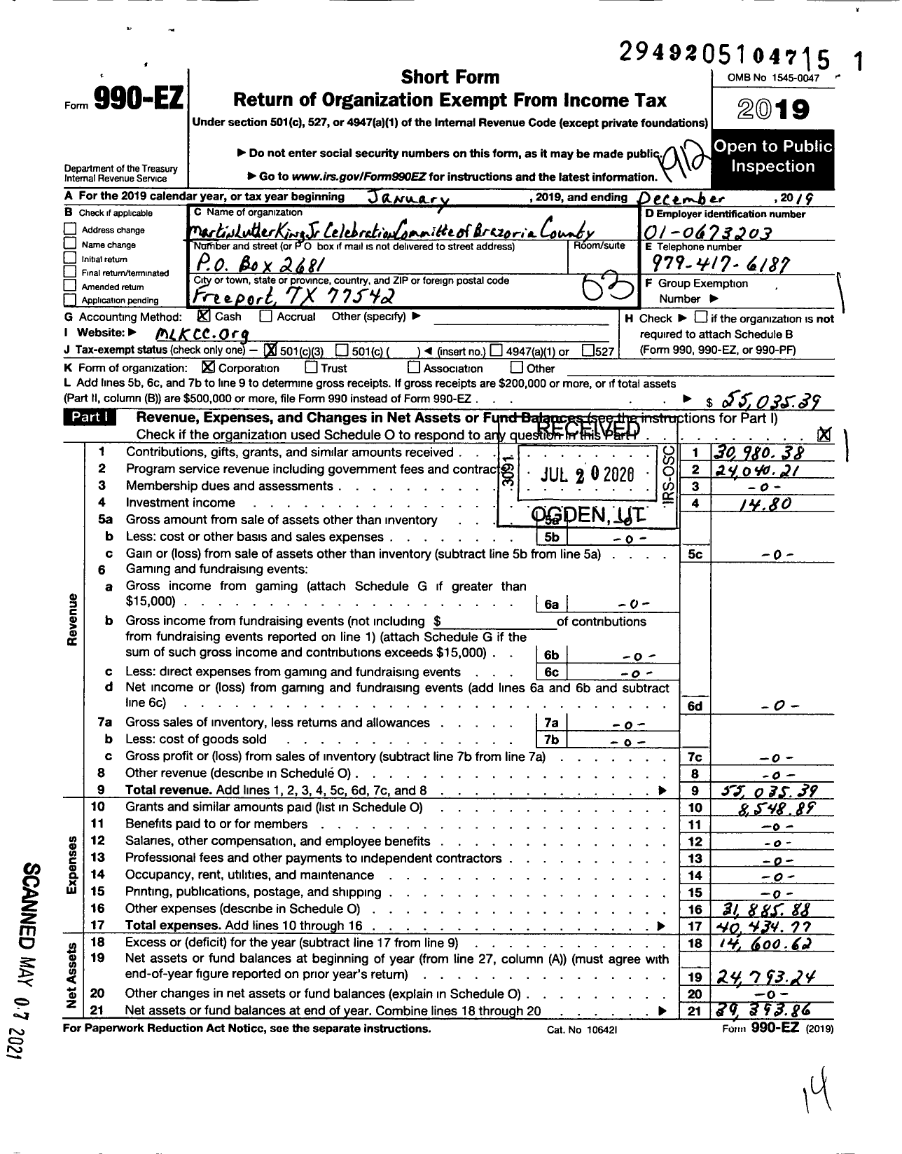 Image of first page of 2019 Form 990EZ for Martin Luther King JR Celebration Committee of Brazoria County