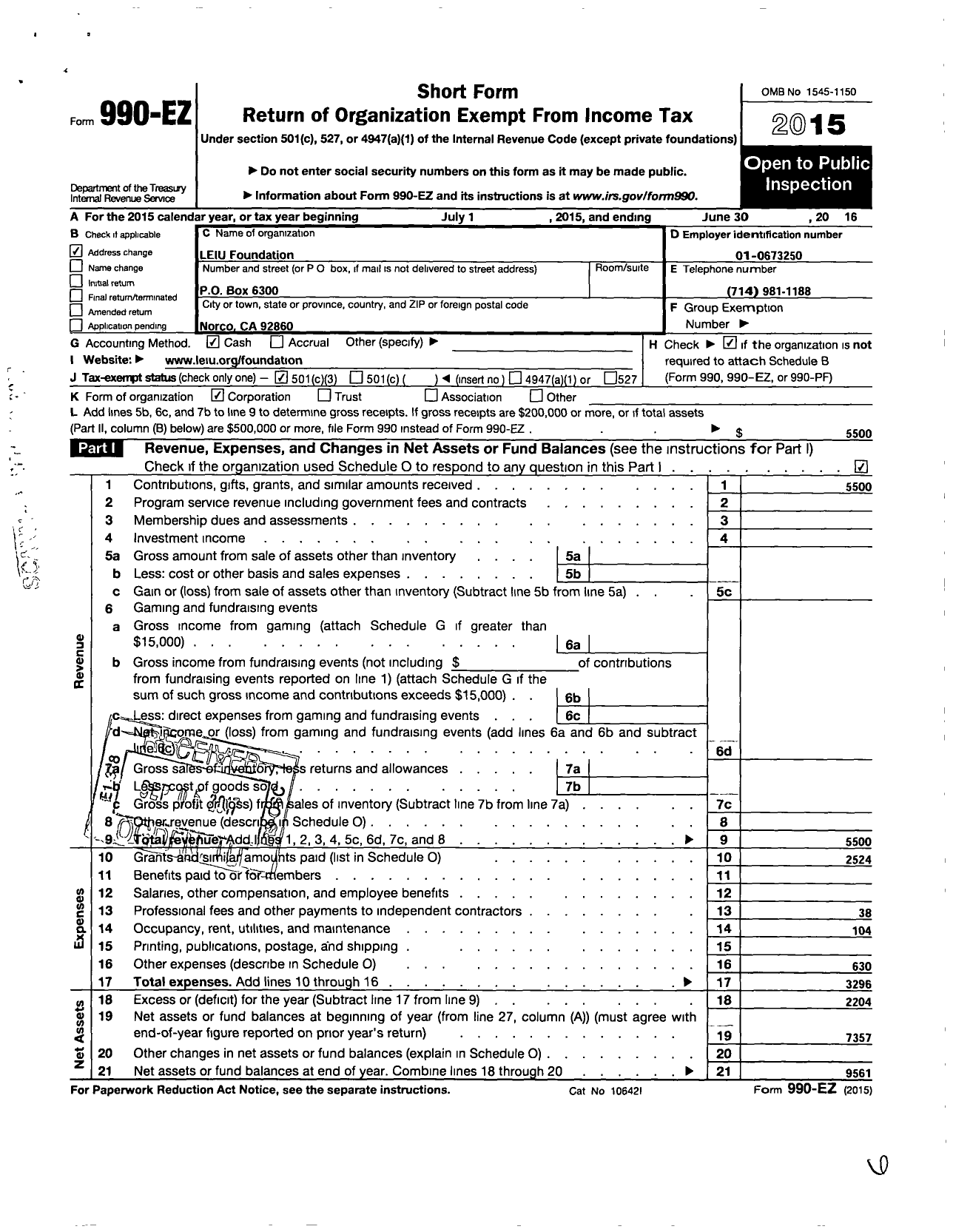 Image of first page of 2015 Form 990EZ for Leiu Foundation