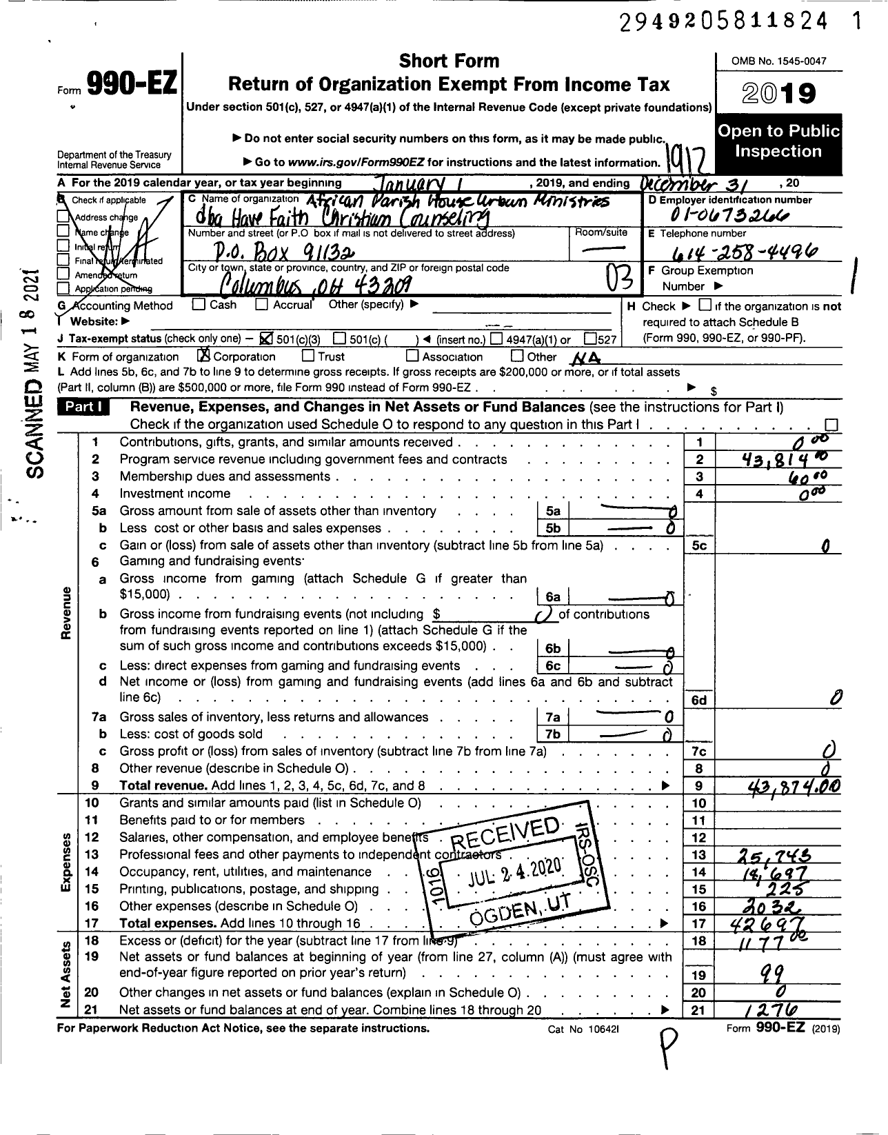 Image of first page of 2019 Form 990EZ for Africian Parish House Urban Ministries