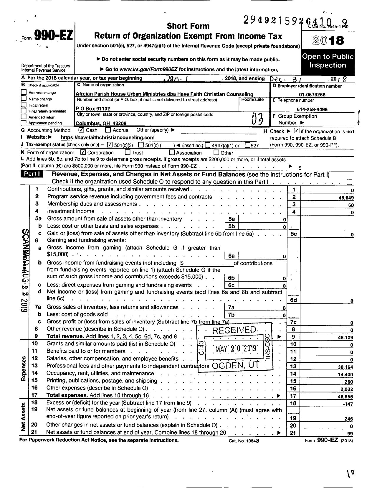 Image of first page of 2018 Form 990EZ for Africian Parish House Urban Ministries