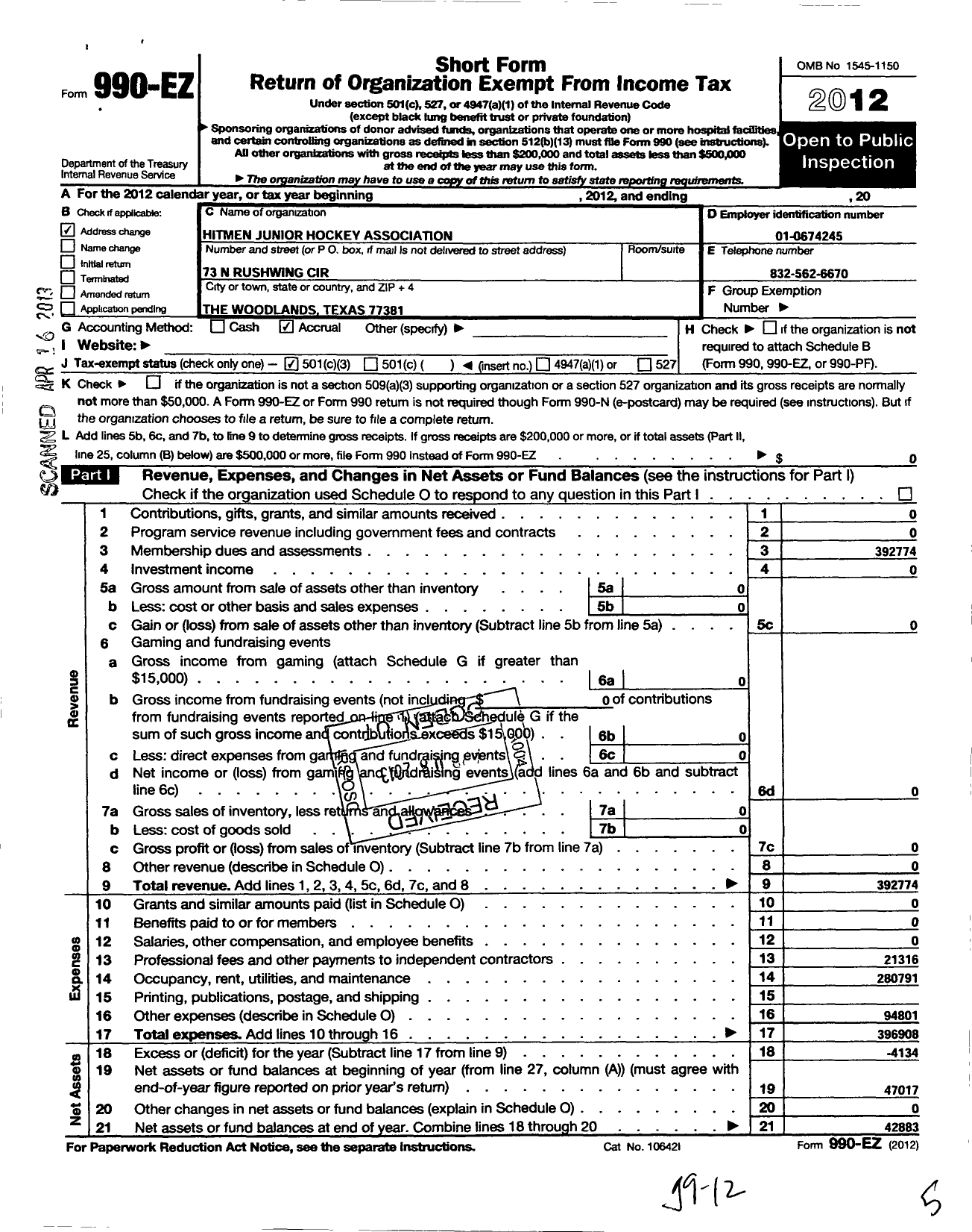 Image of first page of 2012 Form 990EZ for Hitmen Junior Hockey Association